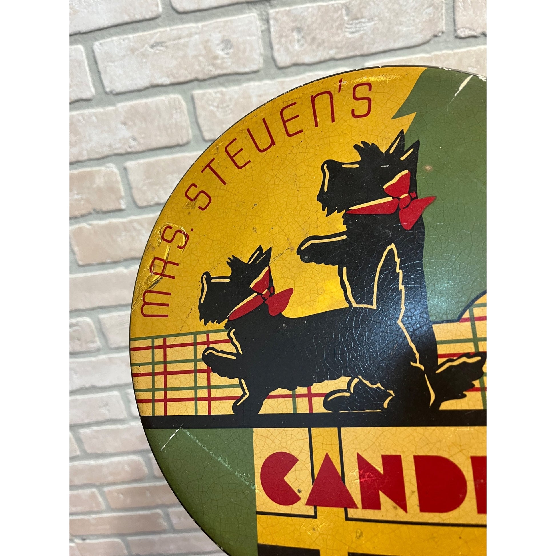Vintage 1930s Mrs Steven's Candy Art Deco Container Tin Advertising Litho Terriers