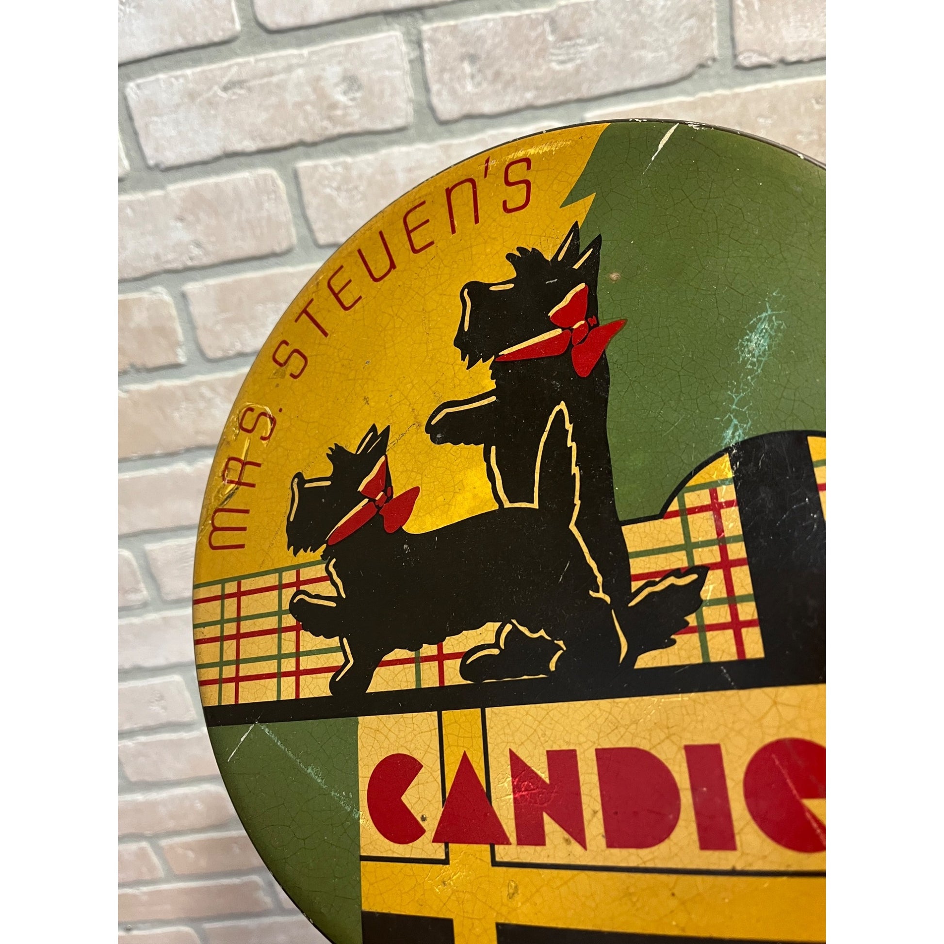 Vintage 1930s Mrs Steven's Candy Art Deco Container Tin Advertising Litho Terriers