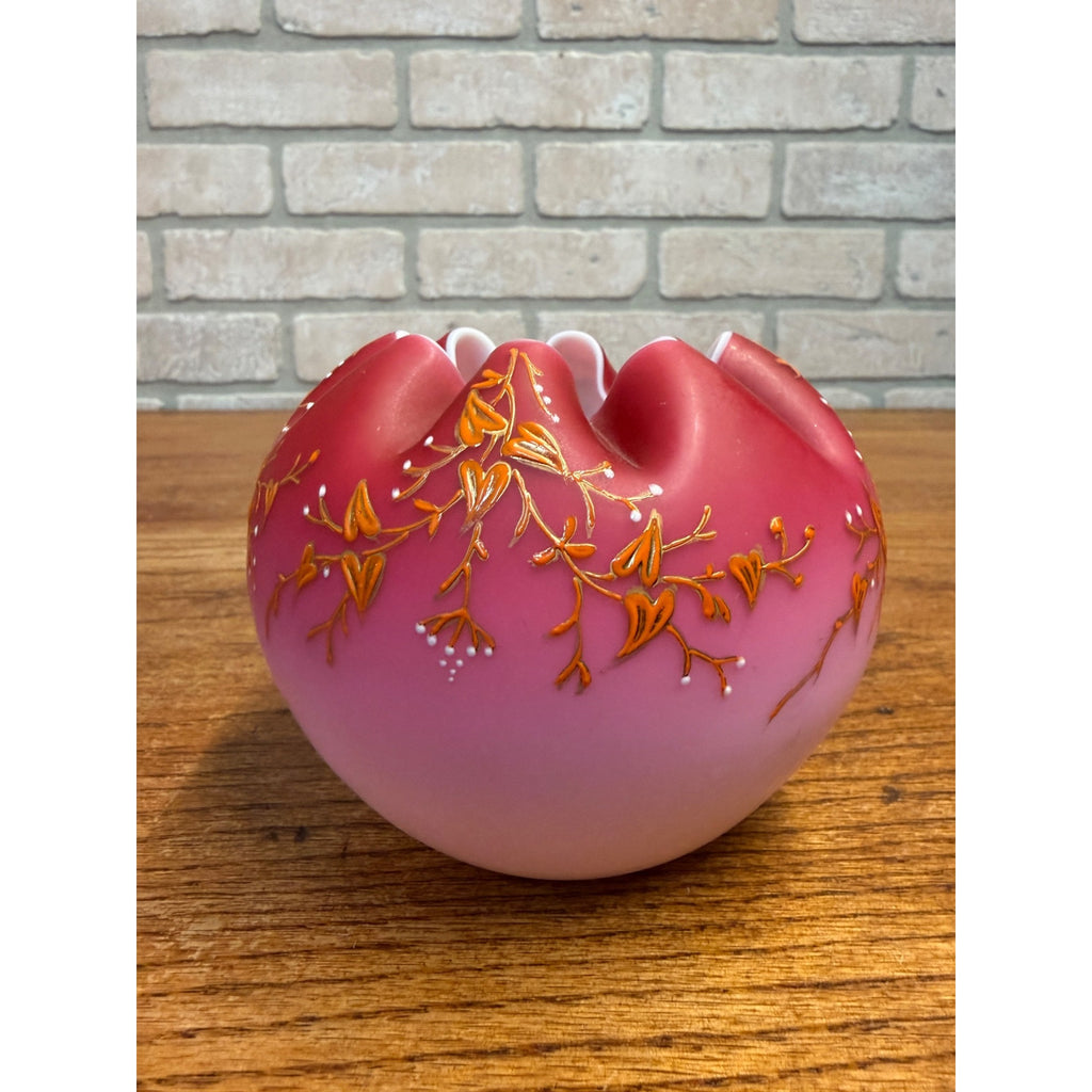 Antique Victorian Crimp Rose Bowl Vase Pink Satin Glass White Cased Orante Detailing