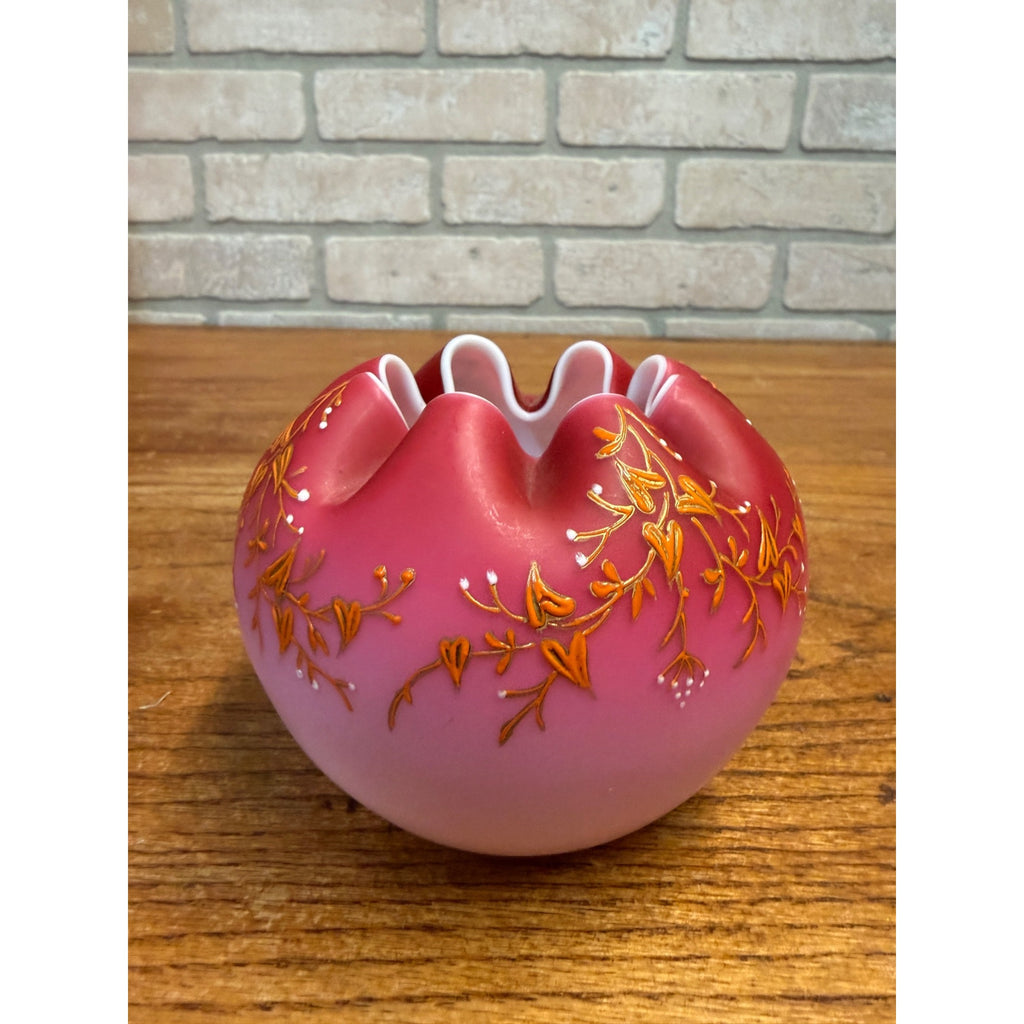 Antique Victorian Crimp Rose Bowl Vase Pink Satin Glass White Cased Orante Detailing