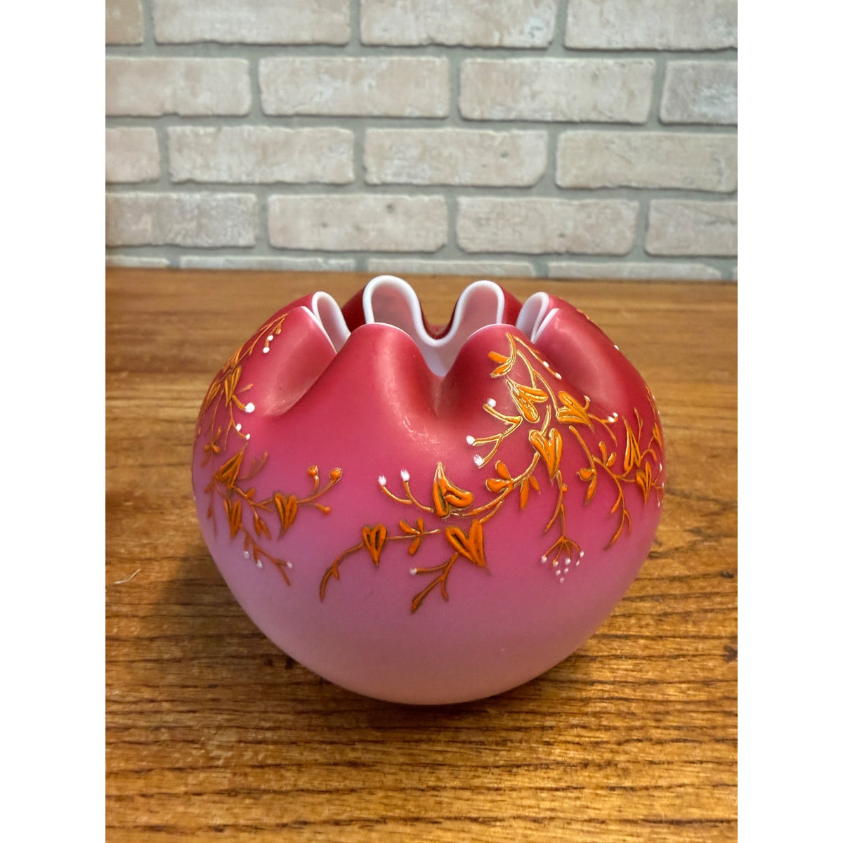 Antique Victorian Crimp Rose Bowl Vase Pink Satin Glass White Cased Orante Detailing