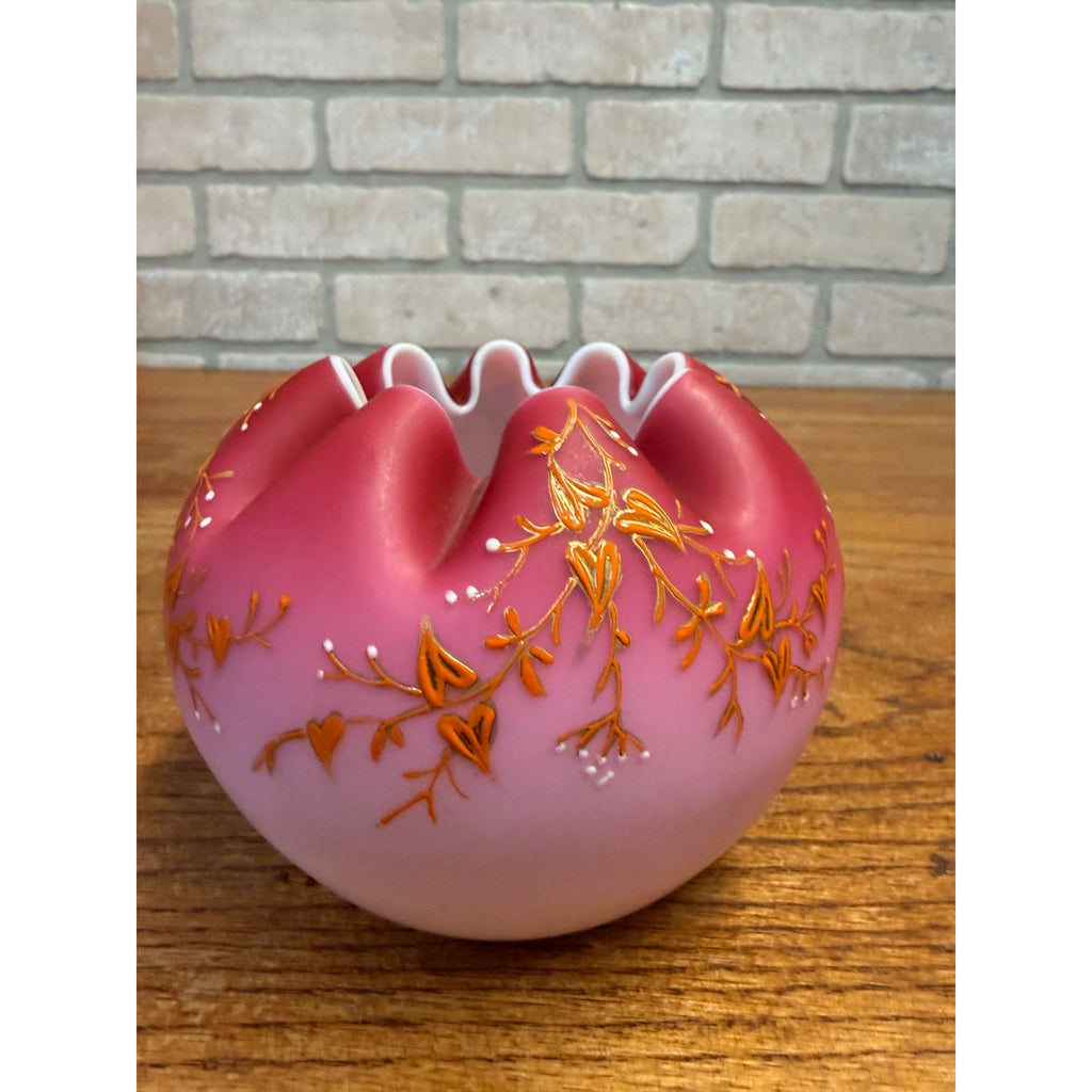 Antique Victorian Crimp Rose Bowl Vase Pink Satin Glass White Cased Orante Detailing