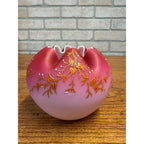 Antique Victorian Crimp Rose Bowl Vase Pink Satin Glass White Cased Orante Detailing