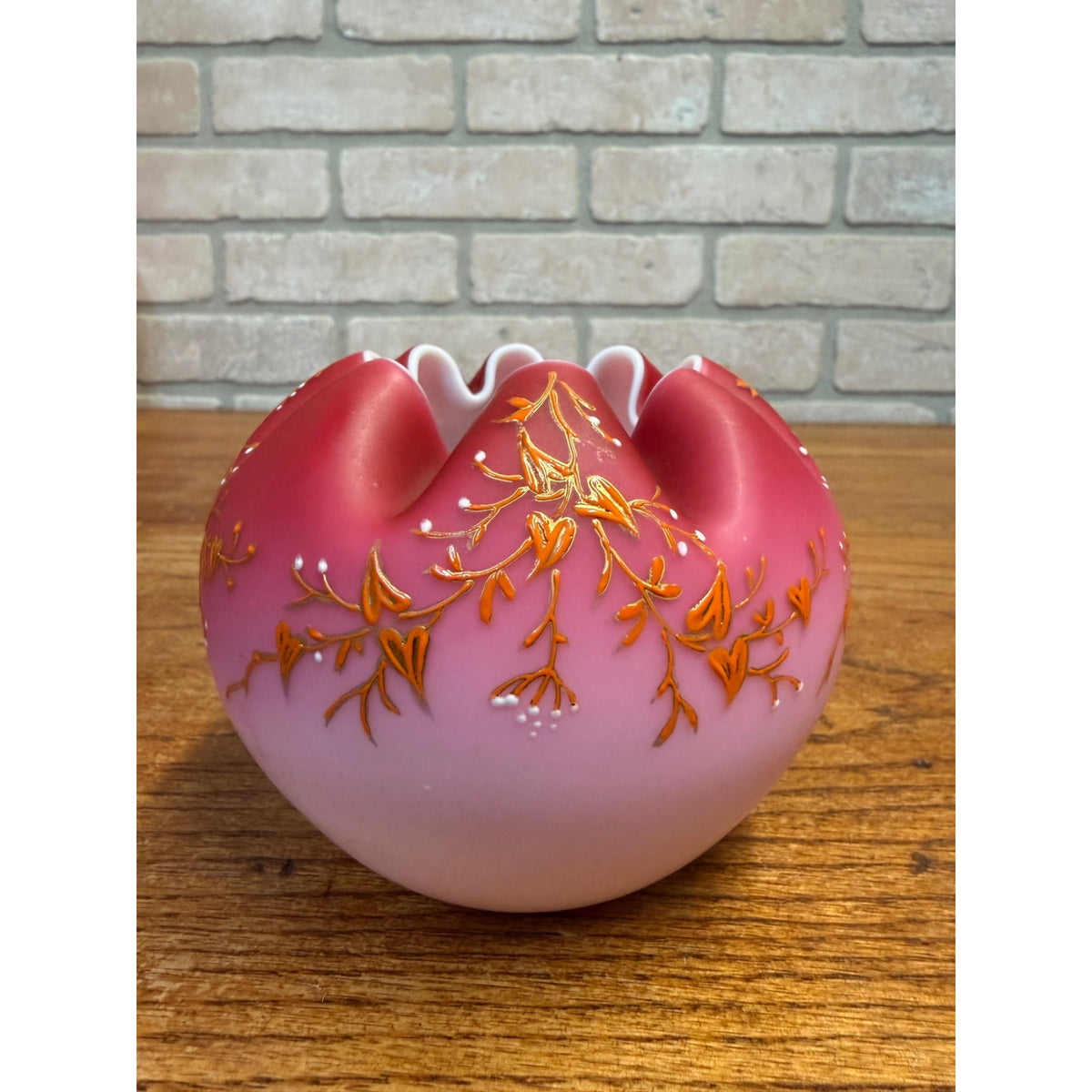 Antique Victorian Crimp Rose Bowl Vase Pink Satin Glass White Cased Orante Detailing