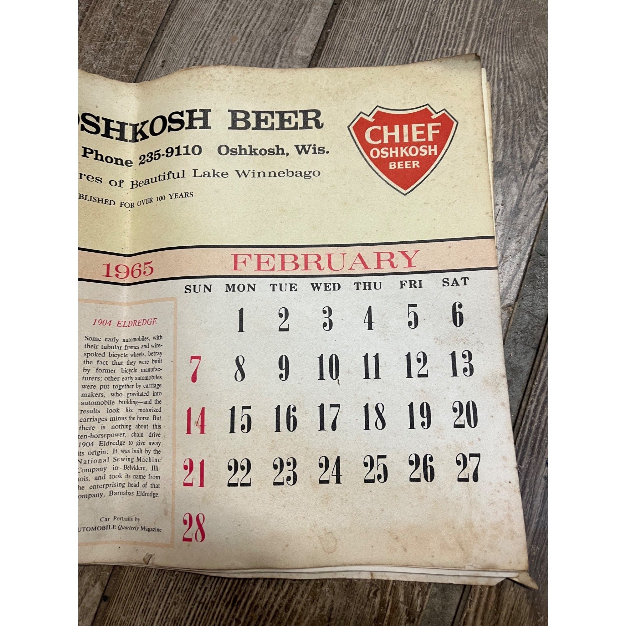 Vintage 1965-66 Chief Oshkosh Beer Advertising Calendar Pad - As-Is