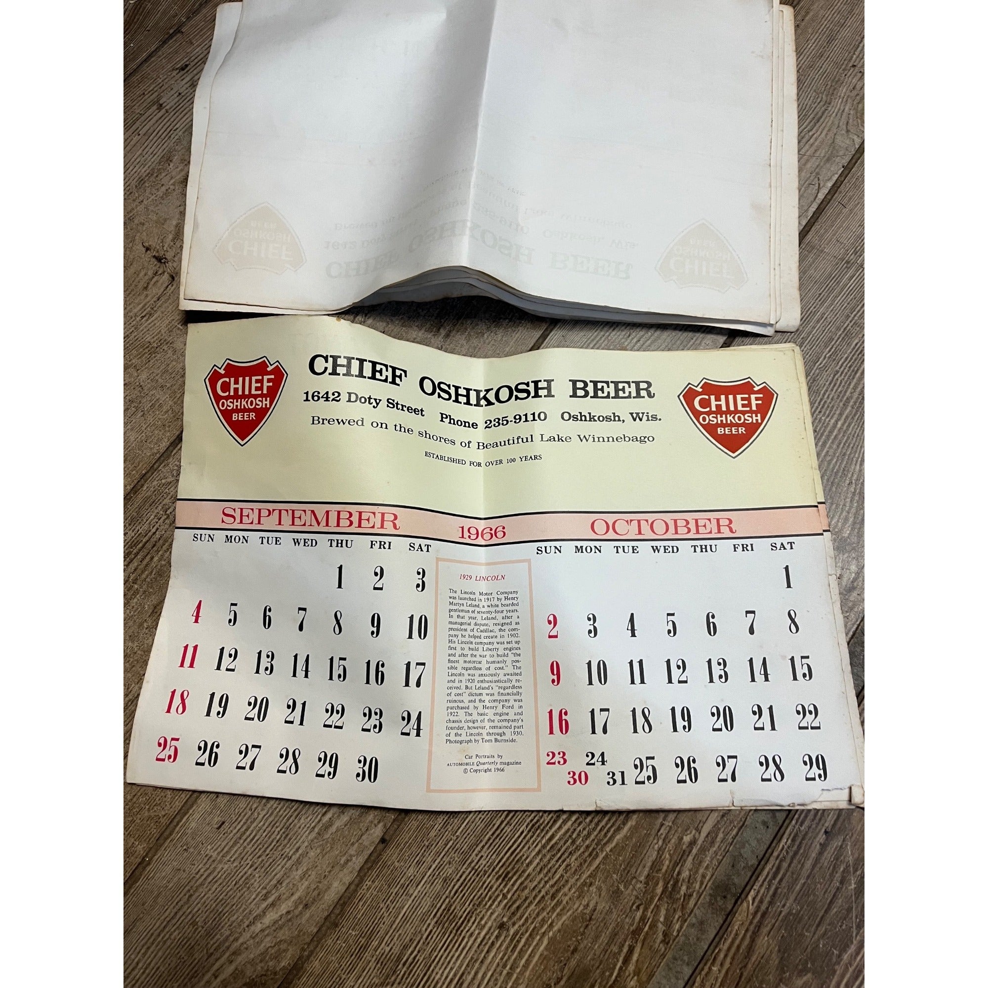 Vintage 1965-66 Chief Oshkosh Beer Advertising Calendar Pad - As-Is