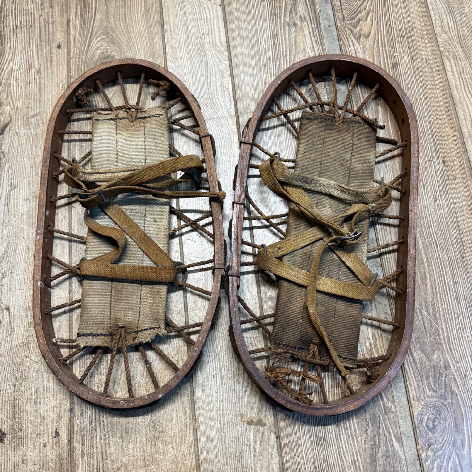 Pair Antique Primitive Wooden Frame Rope Binding Snowshoes Cabin Decor