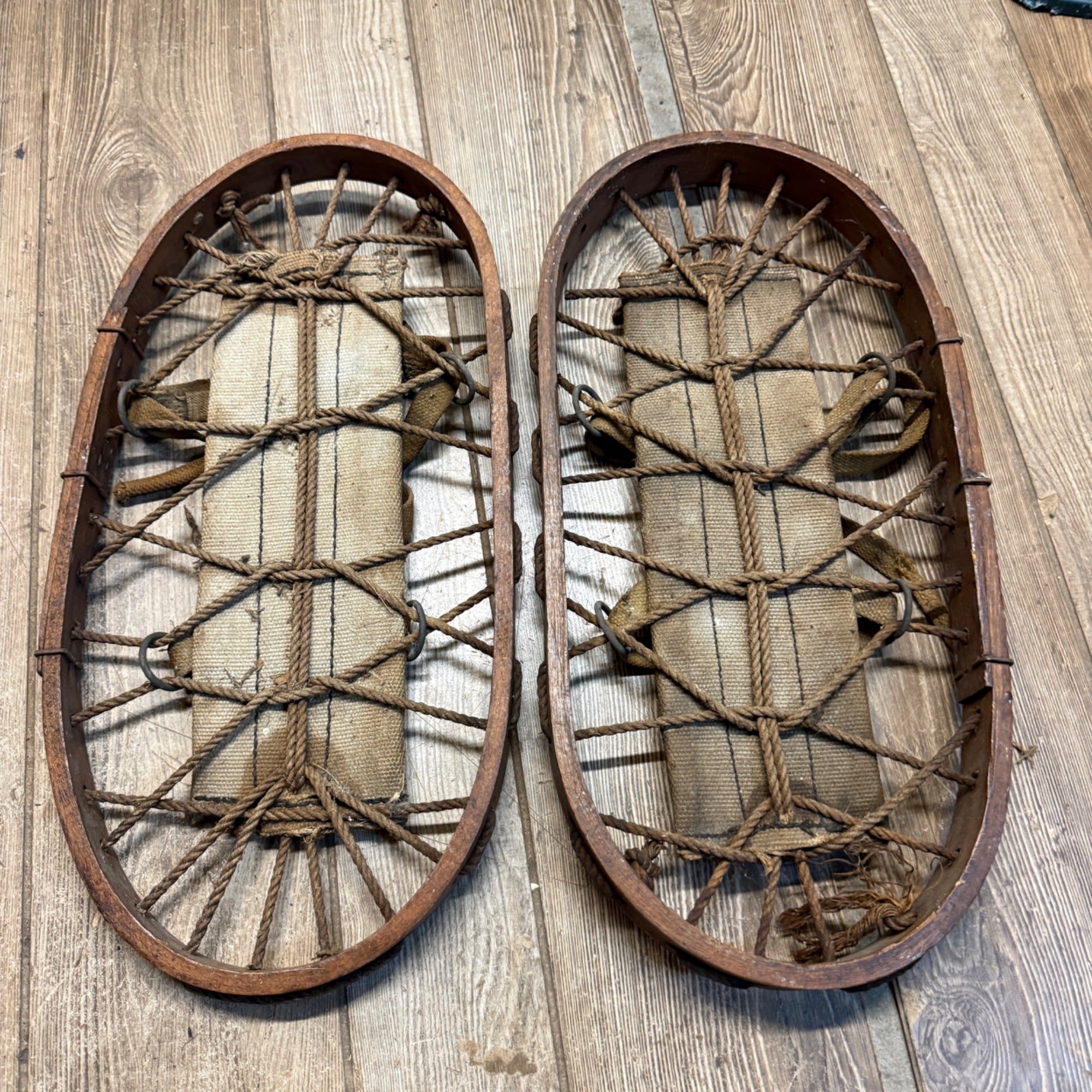 Pair Antique Primitive Wooden Frame Rope Binding Snowshoes Cabin Decor
