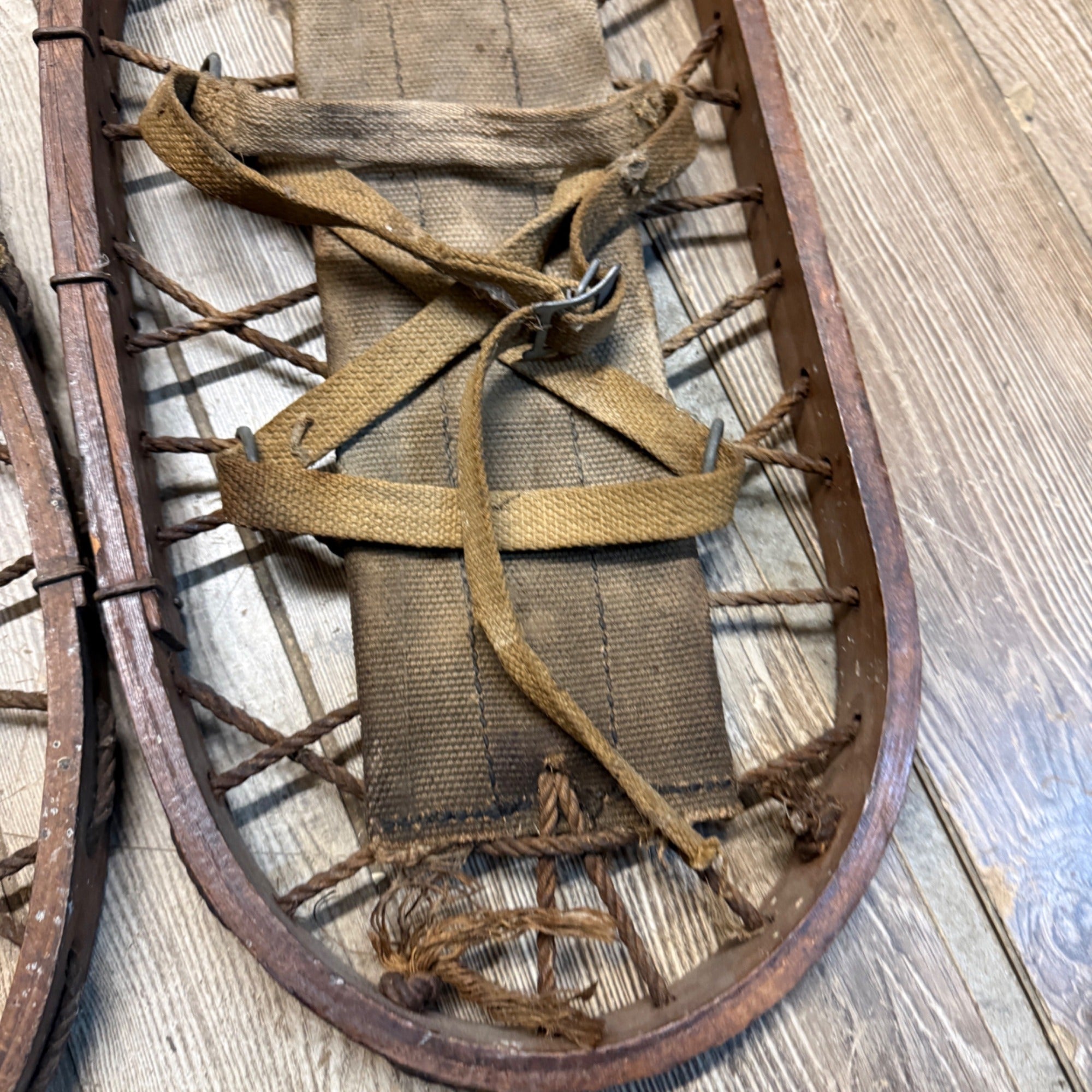 Pair Antique Primitive Wooden Frame Rope Binding Snowshoes Cabin Decor