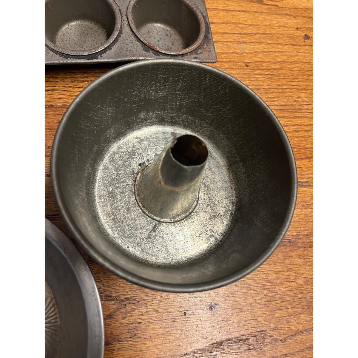Vintage Lot of Galvanized Tin Bakeware Pieces: Bundt Pan, Pie Plates, Fluted Cake Pan, Muffin Tin Primitive Kitchen Decor