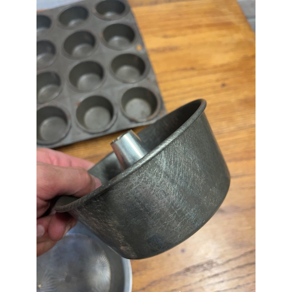 Vintage Lot of Galvanized Tin Bakeware Pieces: Bundt Pan, Pie Plates, Fluted Cake Pan, Muffin Tin Primitive Kitchen Decor