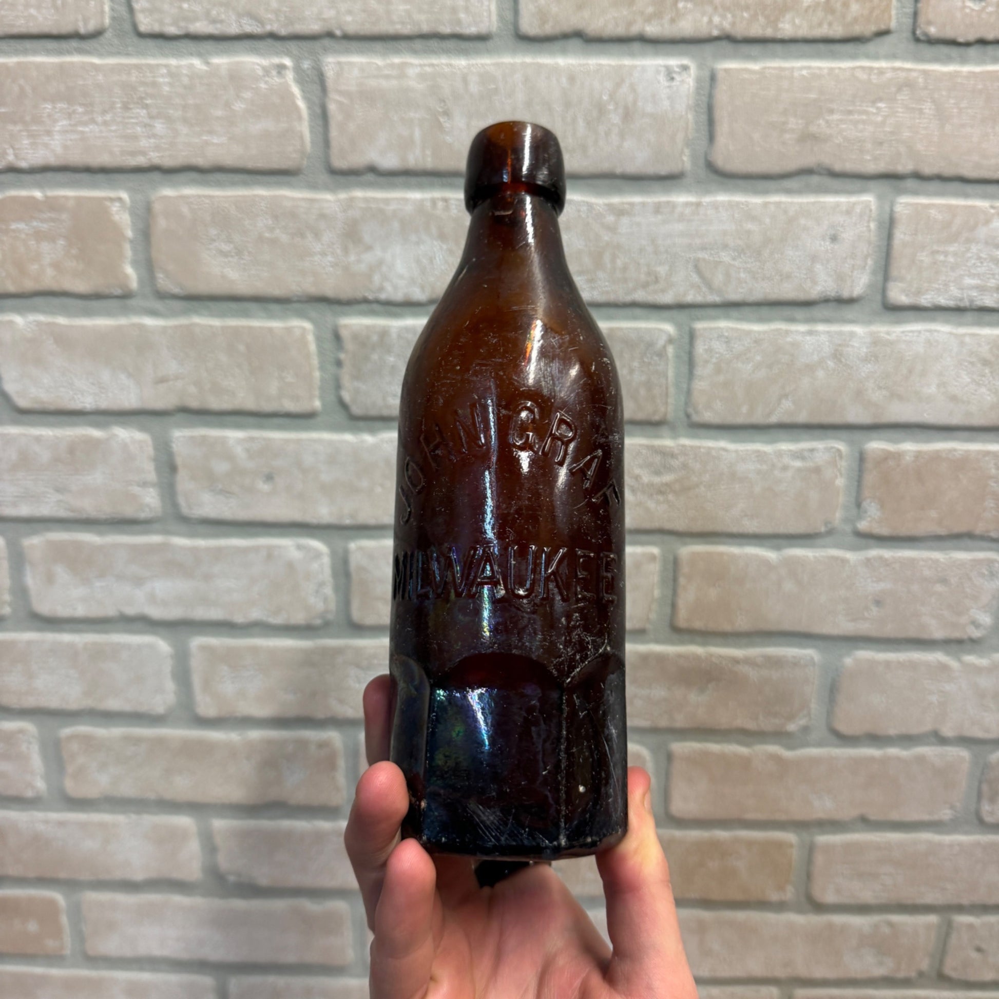 John Graf c1880s Milwaukee Wis Amber Brown Soda Bottle Blob Top Octagon Base