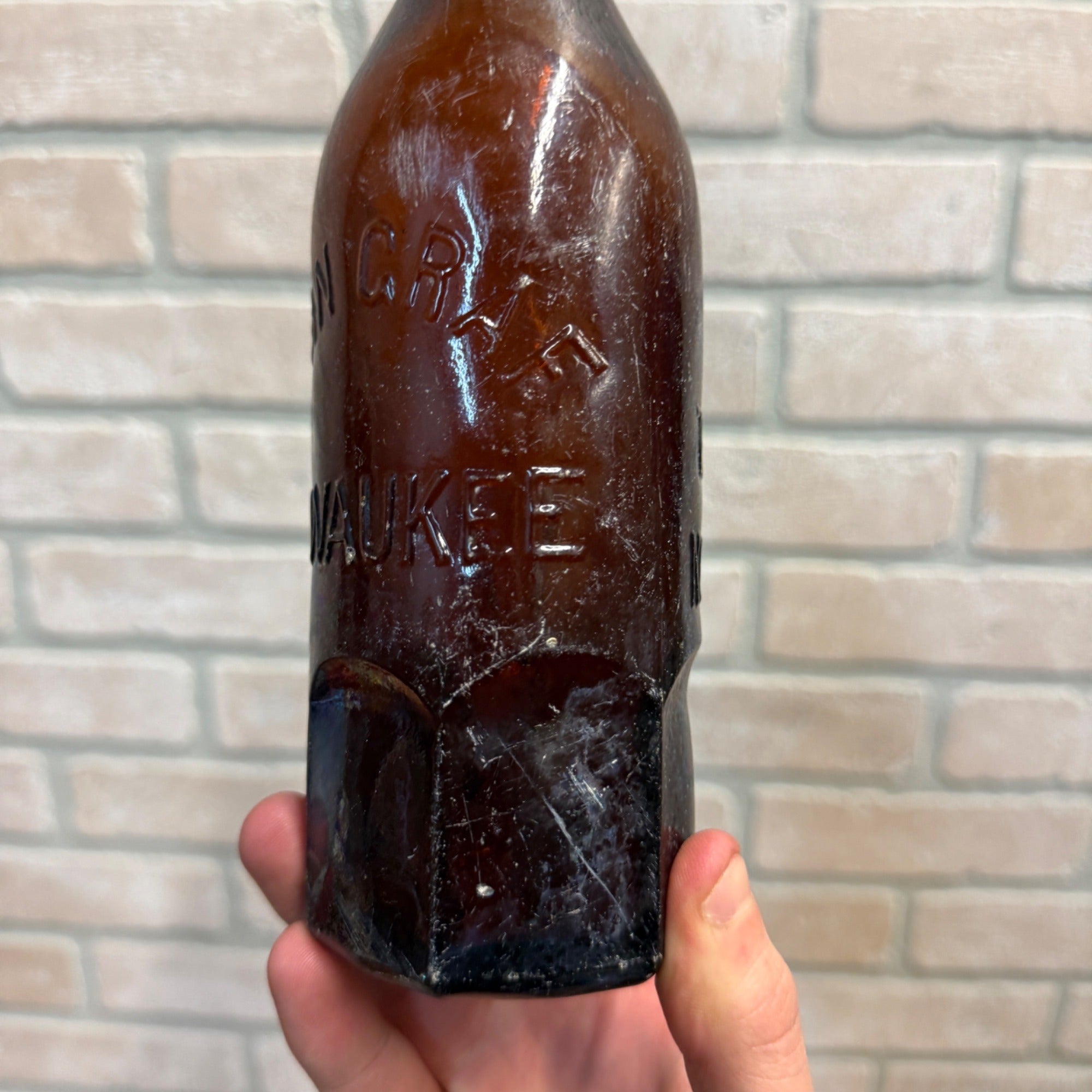 John Graf c1880s Milwaukee Wis Amber Brown Soda Bottle Blob Top Octagon Base