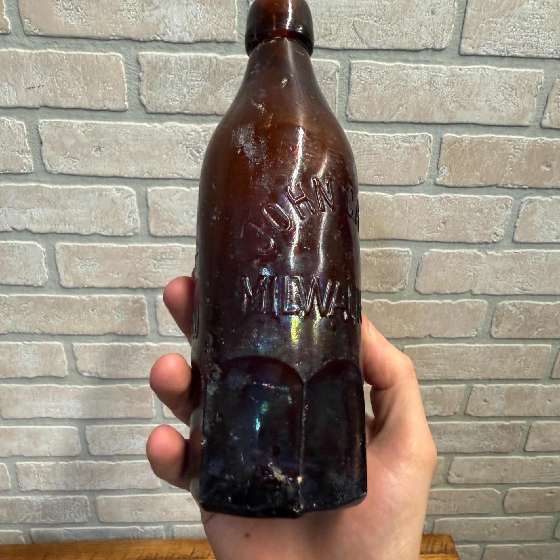 John Graf c1880s Milwaukee Wis Amber Brown Soda Bottle Blob Top Octagon Base