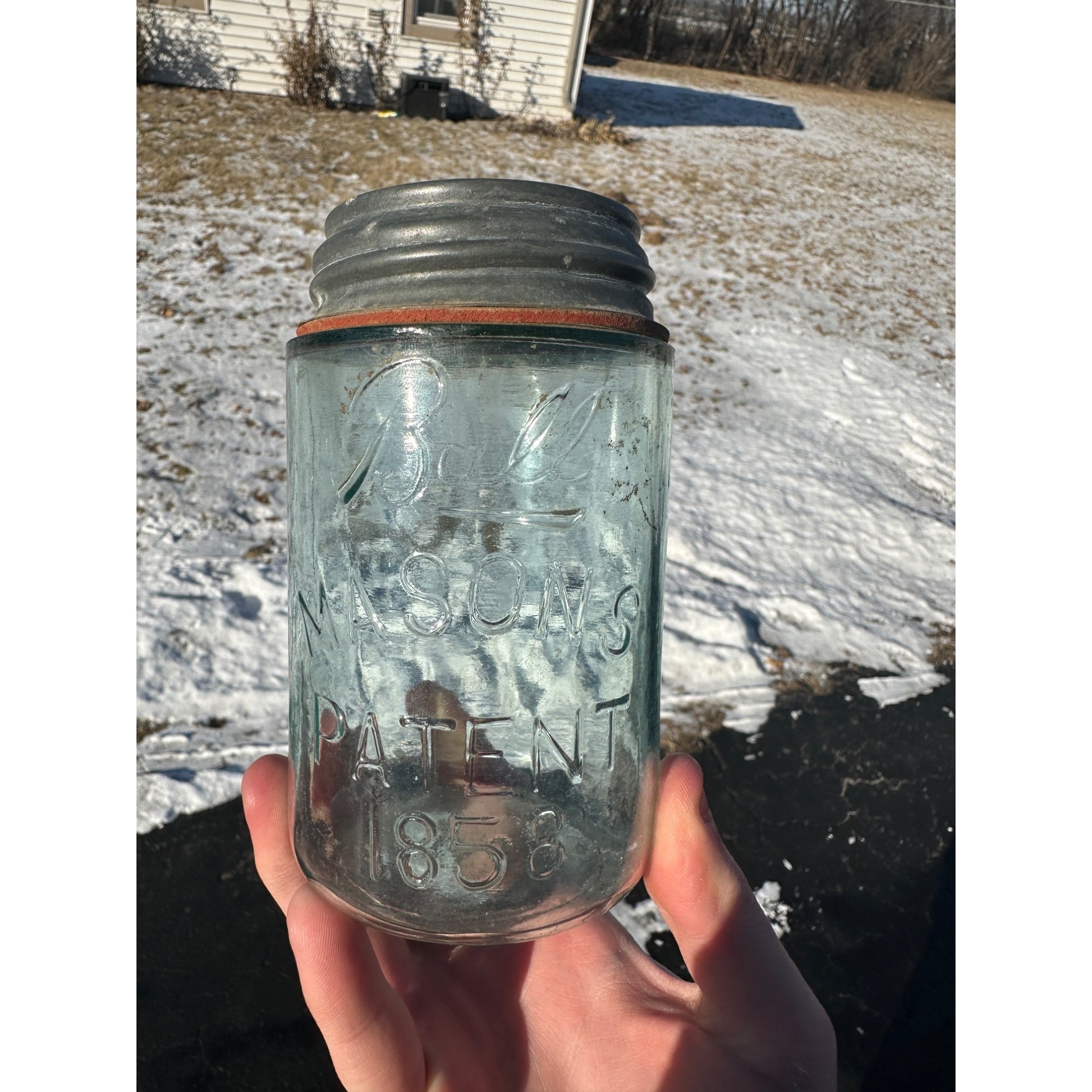 BALL SCRIPT UNDERLINED MASON'S PATENT 1858 Aqua Pint Fruit Jar + Zinc Lid 1895-96