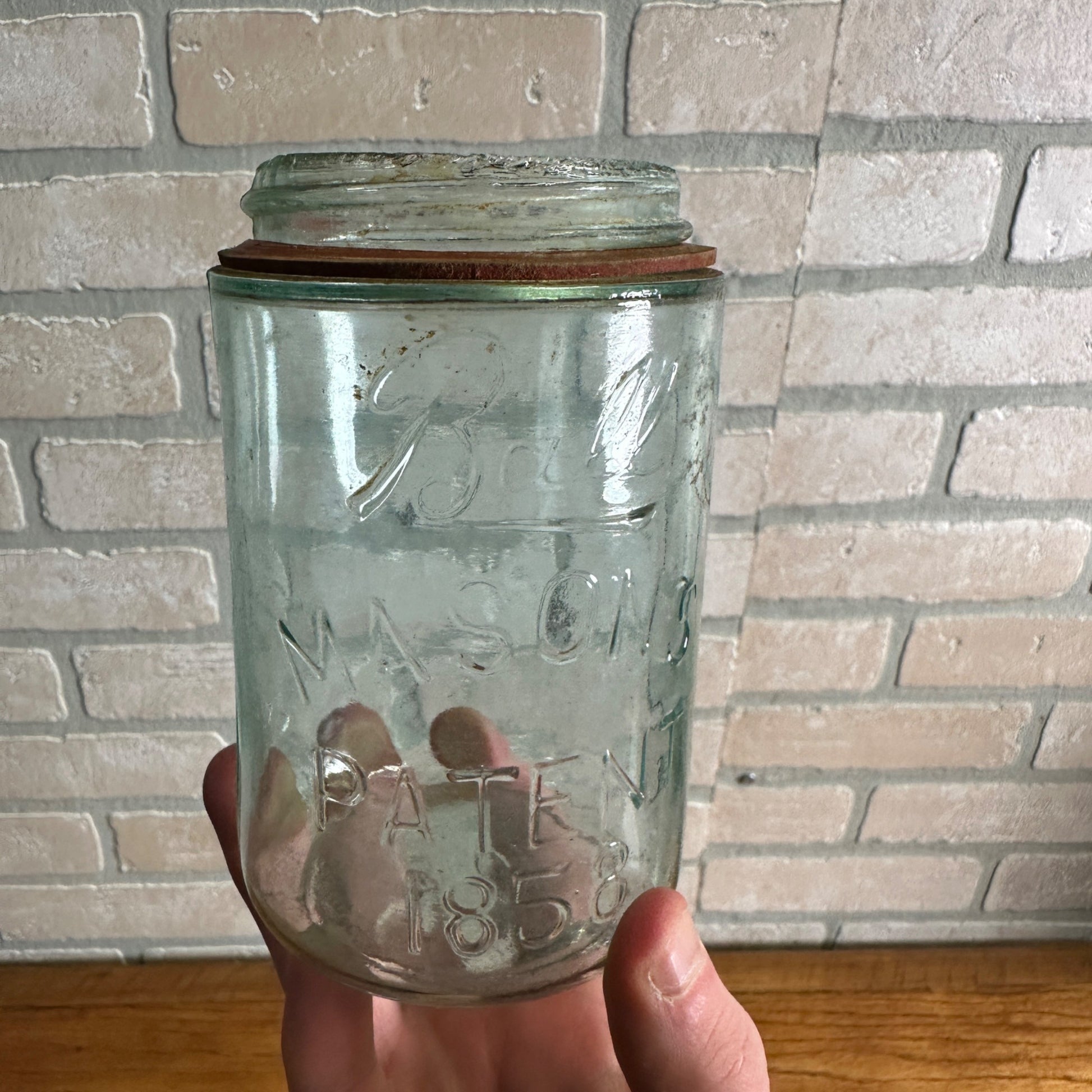 BALL SCRIPT UNDERLINED MASON'S PATENT 1858 Aqua Pint Fruit Jar + Zinc Lid 1895-96