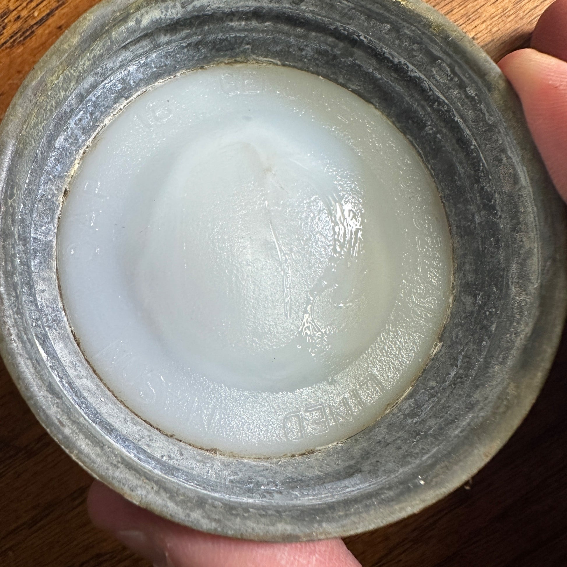 BALL SCRIPT UNDERLINED MASON'S PATENT 1858 Aqua Pint Fruit Jar + Zinc Lid 1895-96