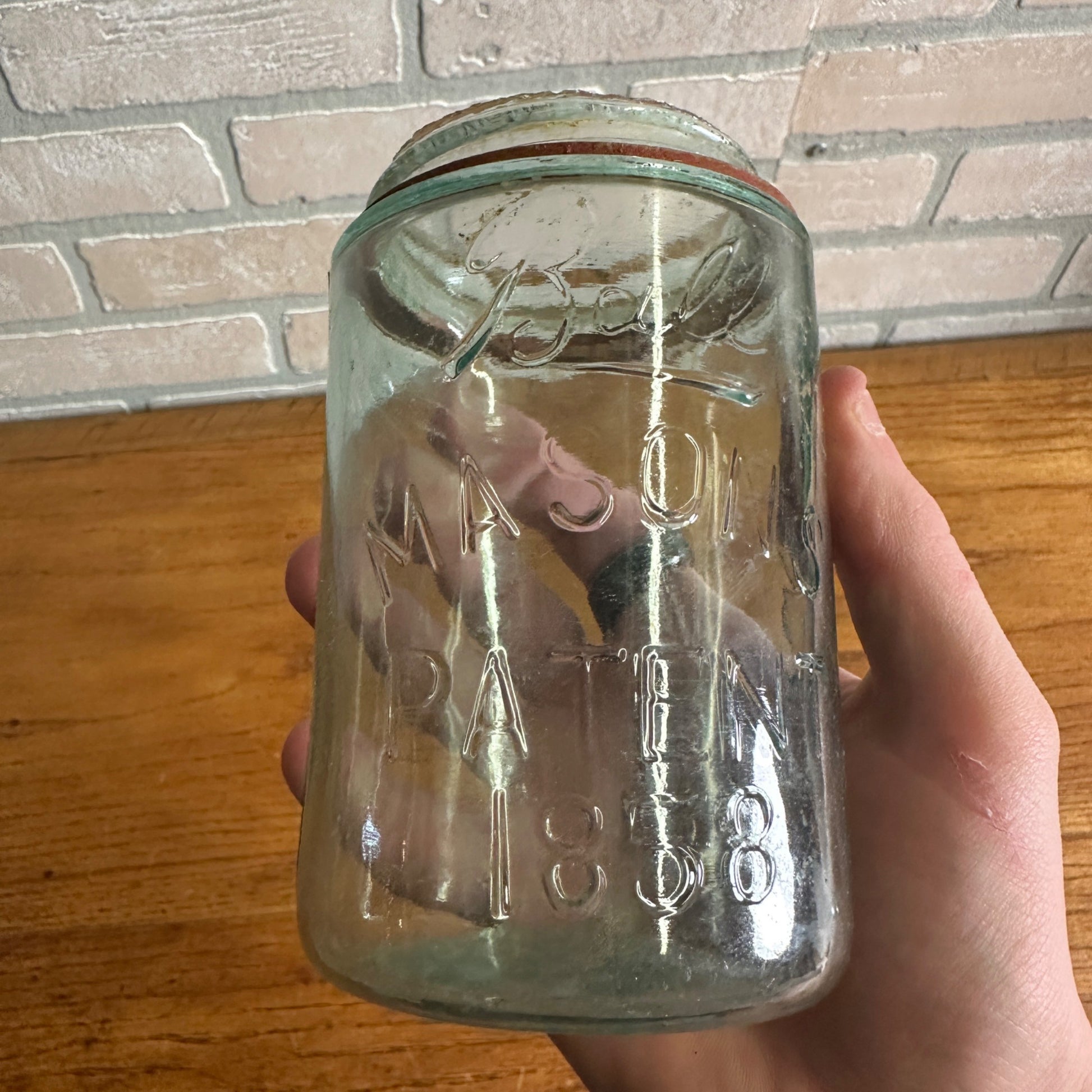 BALL SCRIPT UNDERLINED MASON'S PATENT 1858 Aqua Pint Fruit Jar + Zinc Lid 1895-96