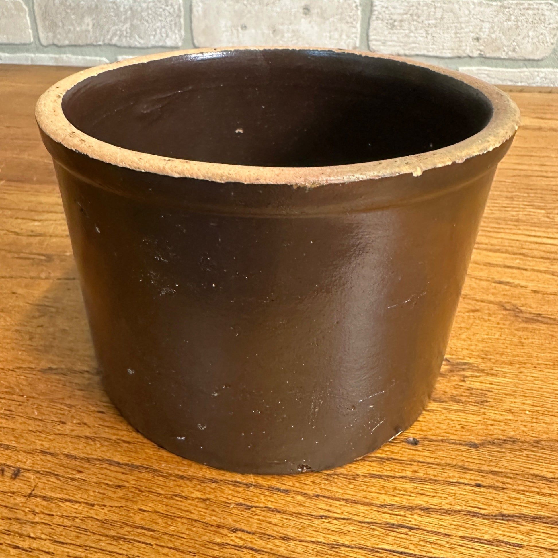 Vintage Stoneware Brown Glaze Butter Kitchen Crock 6" Dia. X 4" tall Primitive