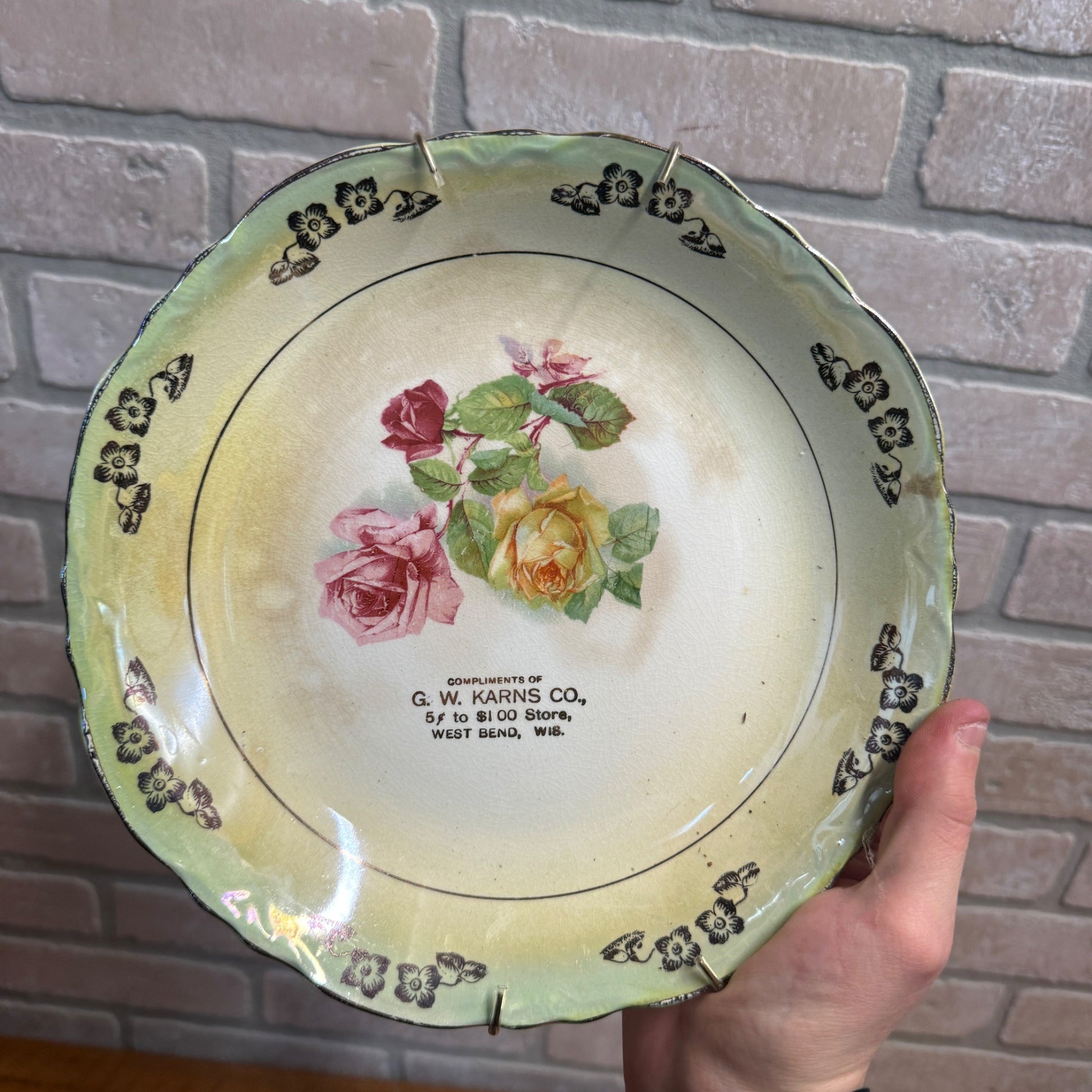 Vintage G.W. Karns General Store Advertising Plate Dish West Bend Wisconsin