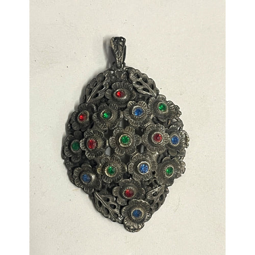 Vintage Floral Filigree Pendant Silver Tone Red Green Blue Rhinestone Czech Style