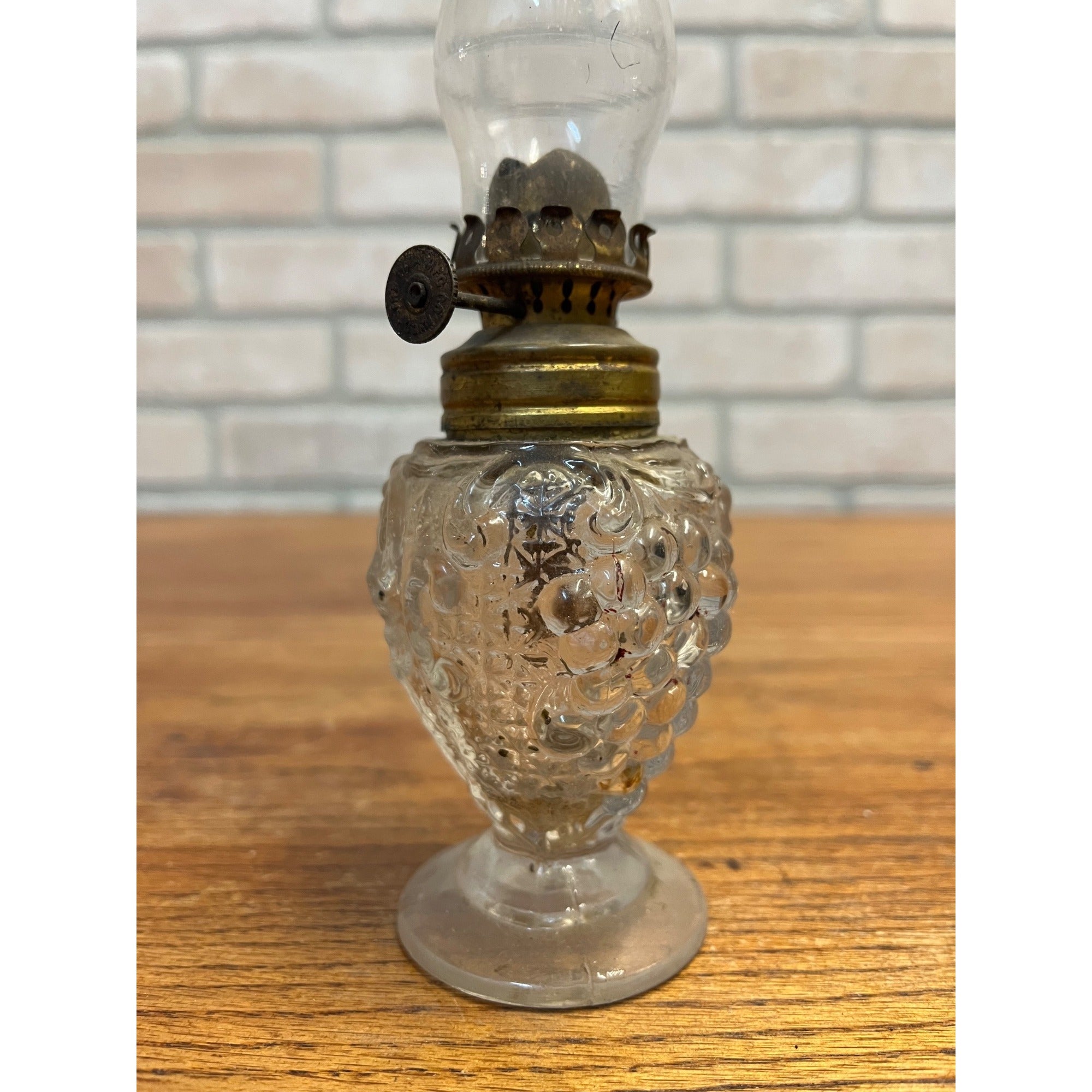 Antique 1900s EAPG Acorn Miniature Oil Lamp Grapes & Leaves Pattern 7.75" Tall