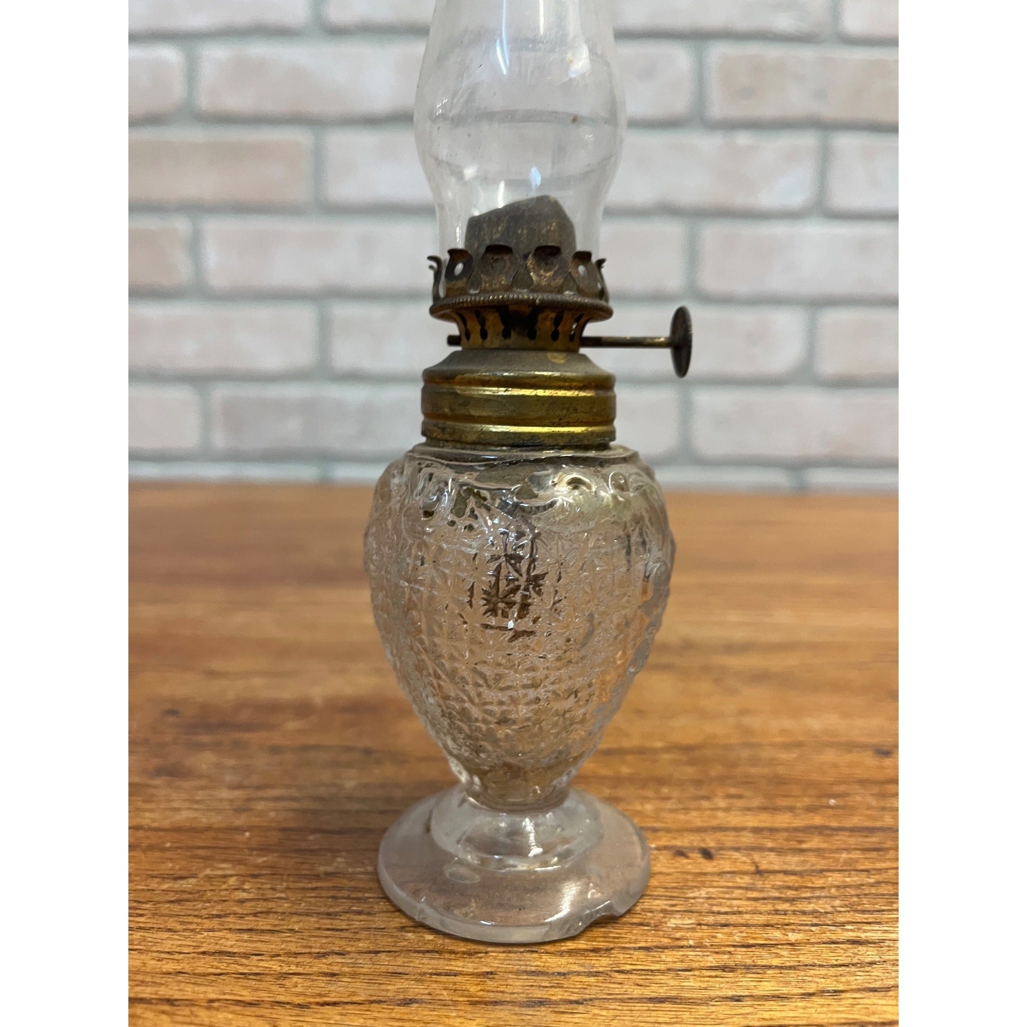 Antique 1900s EAPG Acorn Miniature Oil Lamp Grapes & Leaves Pattern 7.75" Tall