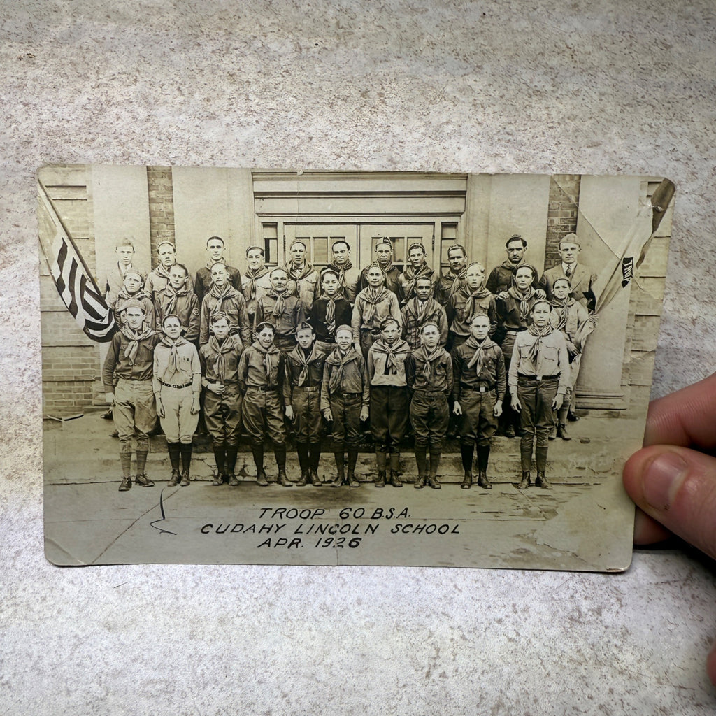 1929 Boy Scout Troops BSA Cudahy Wis, Lincoln School Photo Postcard RPPC