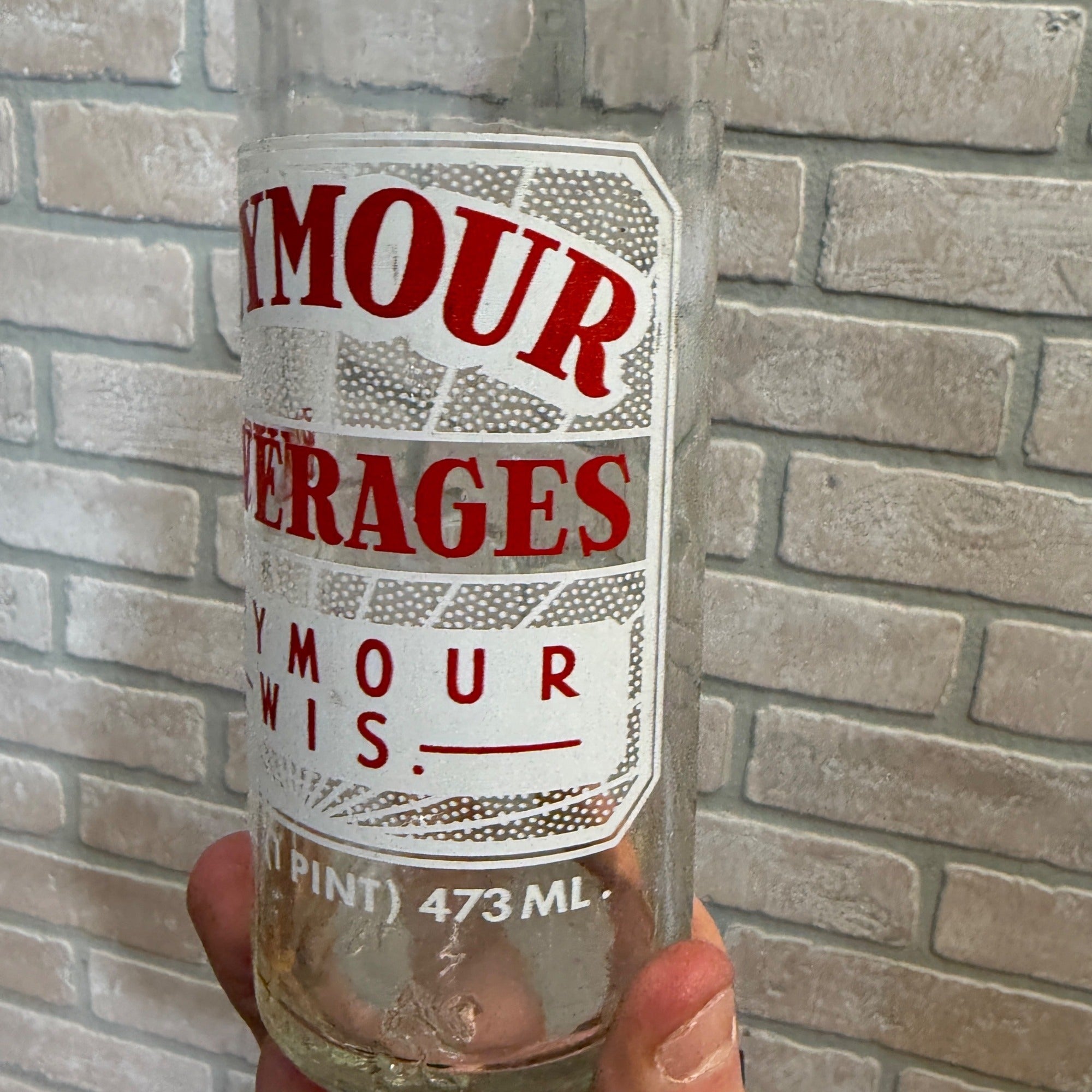 Vintage Seymour Beverages ACL 16oz Clear Glass Soda Bottle Wisconsin Wis WI