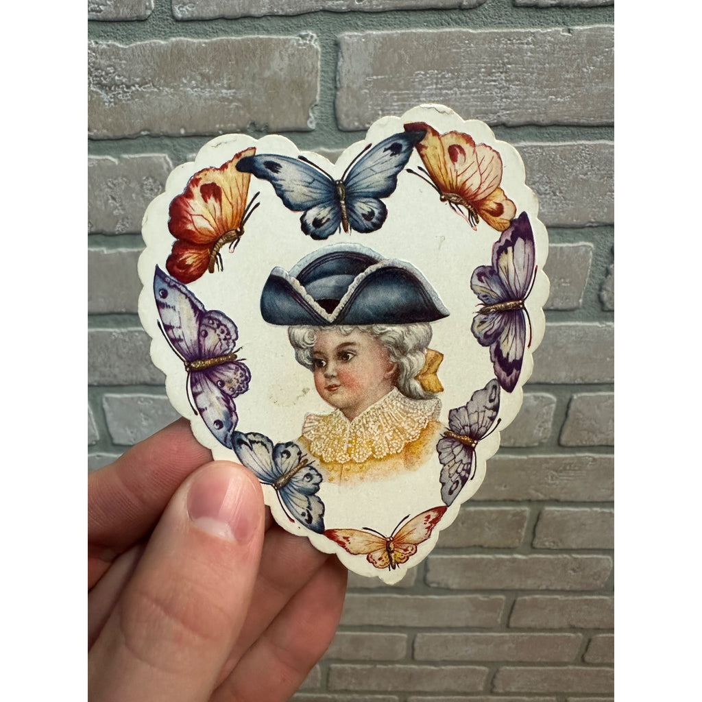 Antique c1890s Diecut Valentine Heart-Shaped Butterflies Colonial Man Love's Sunshine
