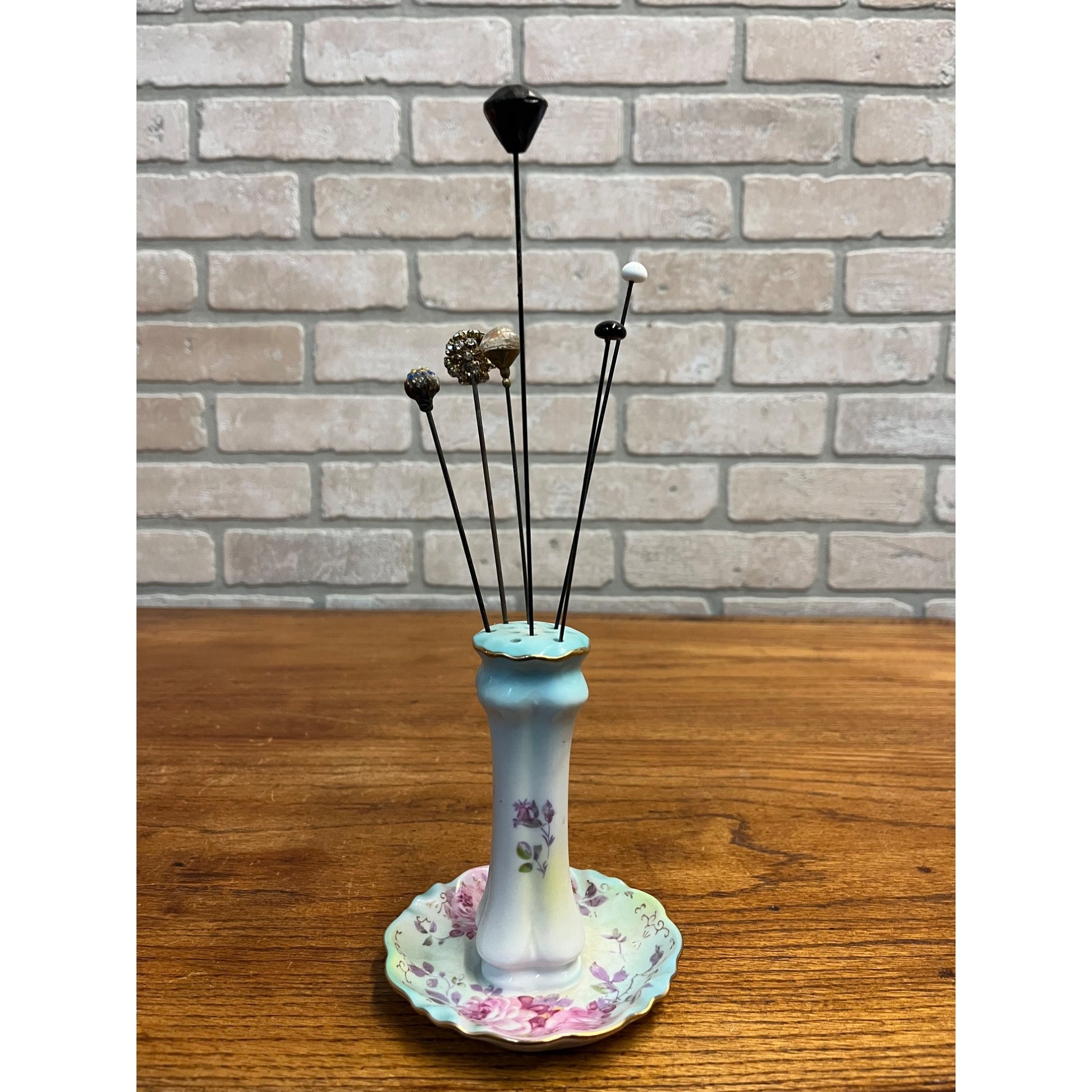 Vintage RS Japan Hand Painted Porcelain Hat / Hair Pin Holder w/ Victorian Pins