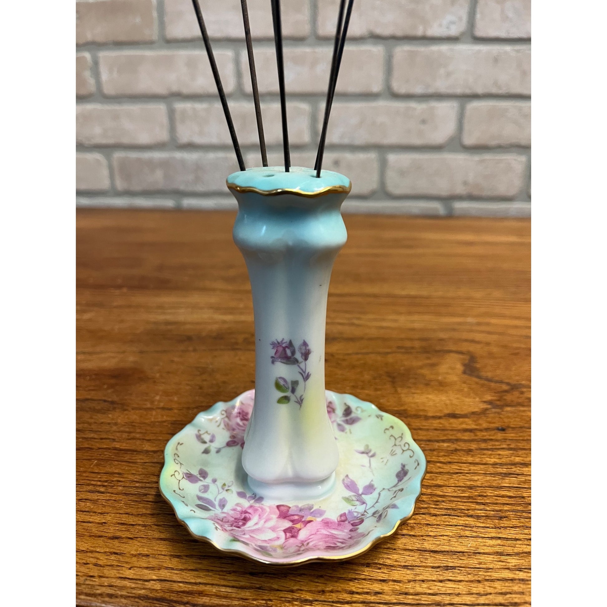 Vintage RS Japan Hand Painted Porcelain Hat / Hair Pin Holder w/ Victorian Pins