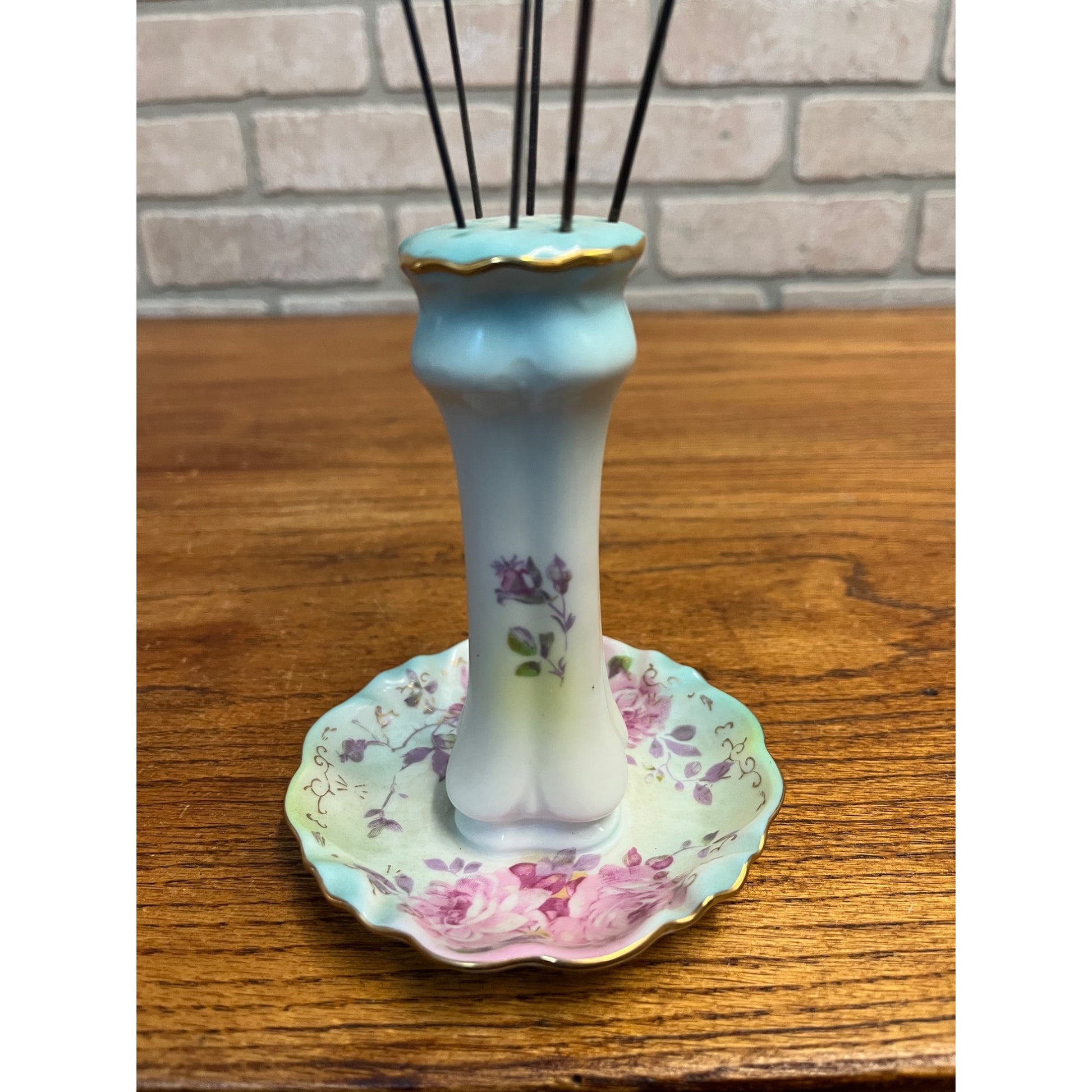 Vintage RS Japan Hand Painted Porcelain Hat / Hair Pin Holder w/ Victorian Pins