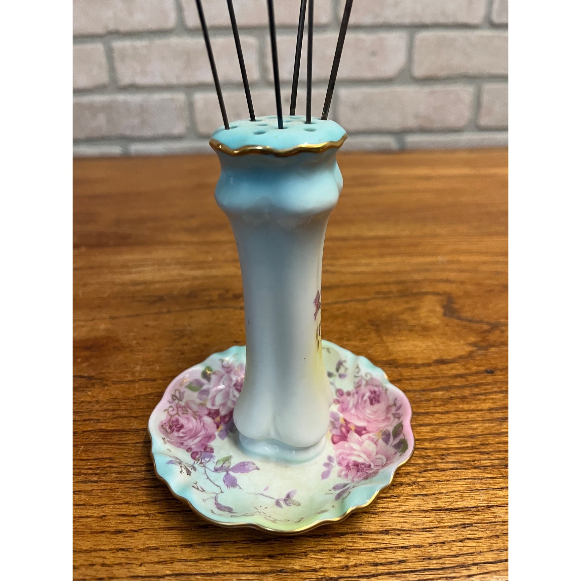 Vintage RS Japan Hand Painted Porcelain Hat / Hair Pin Holder w/ Victorian Pins