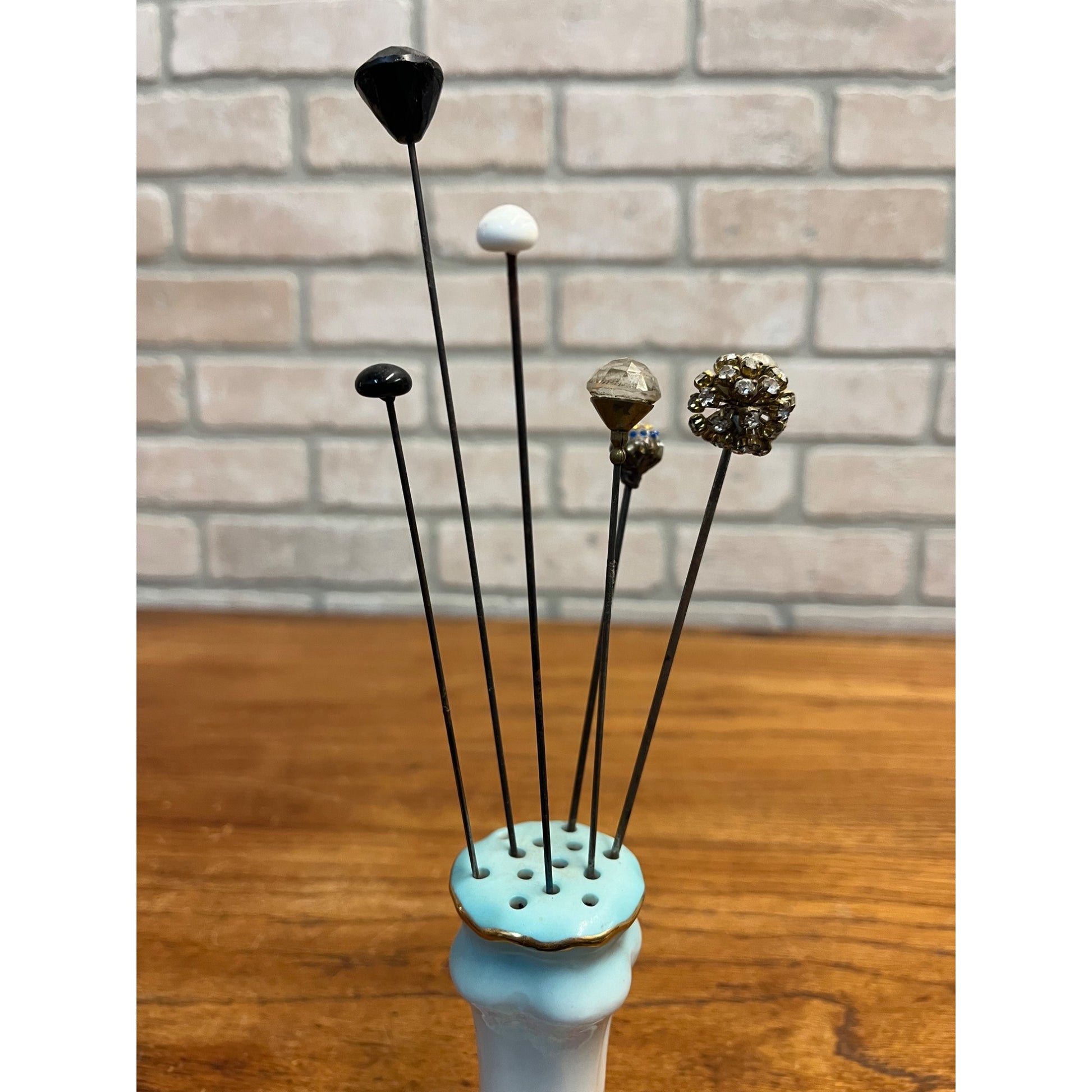 Vintage RS Japan Hand Painted Porcelain Hat / Hair Pin Holder w/ Victorian Pins