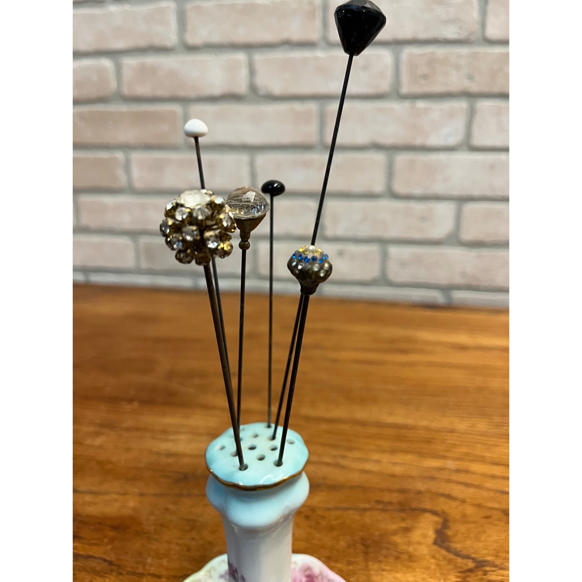 Vintage RS Japan Hand Painted Porcelain Hat / Hair Pin Holder w/ Victorian Pins