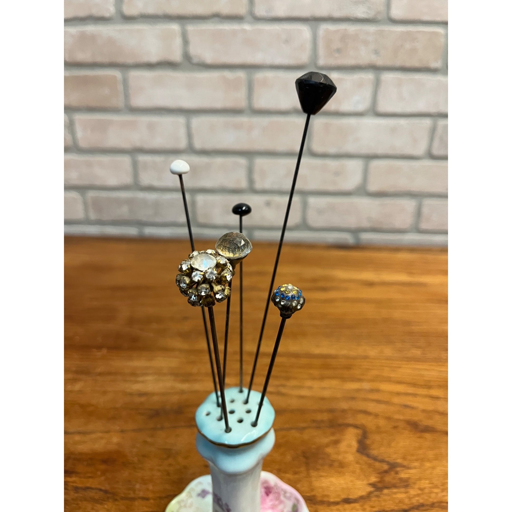 Vintage RS Japan Hand Painted Porcelain Hat / Hair Pin Holder w/ Victorian Pins