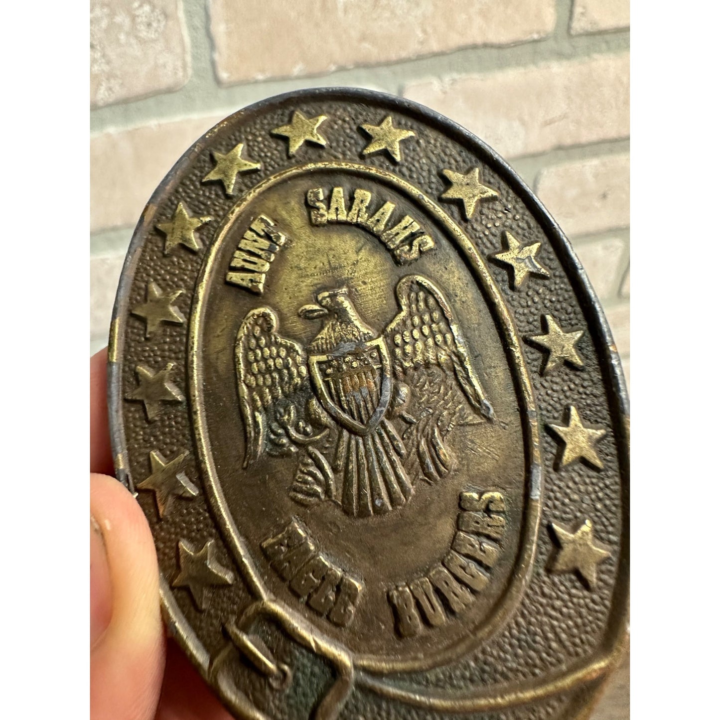 Aunt Sarah's Dine Eagle Burgers Brass Belt Buckle Lost Horse Plateau Washington