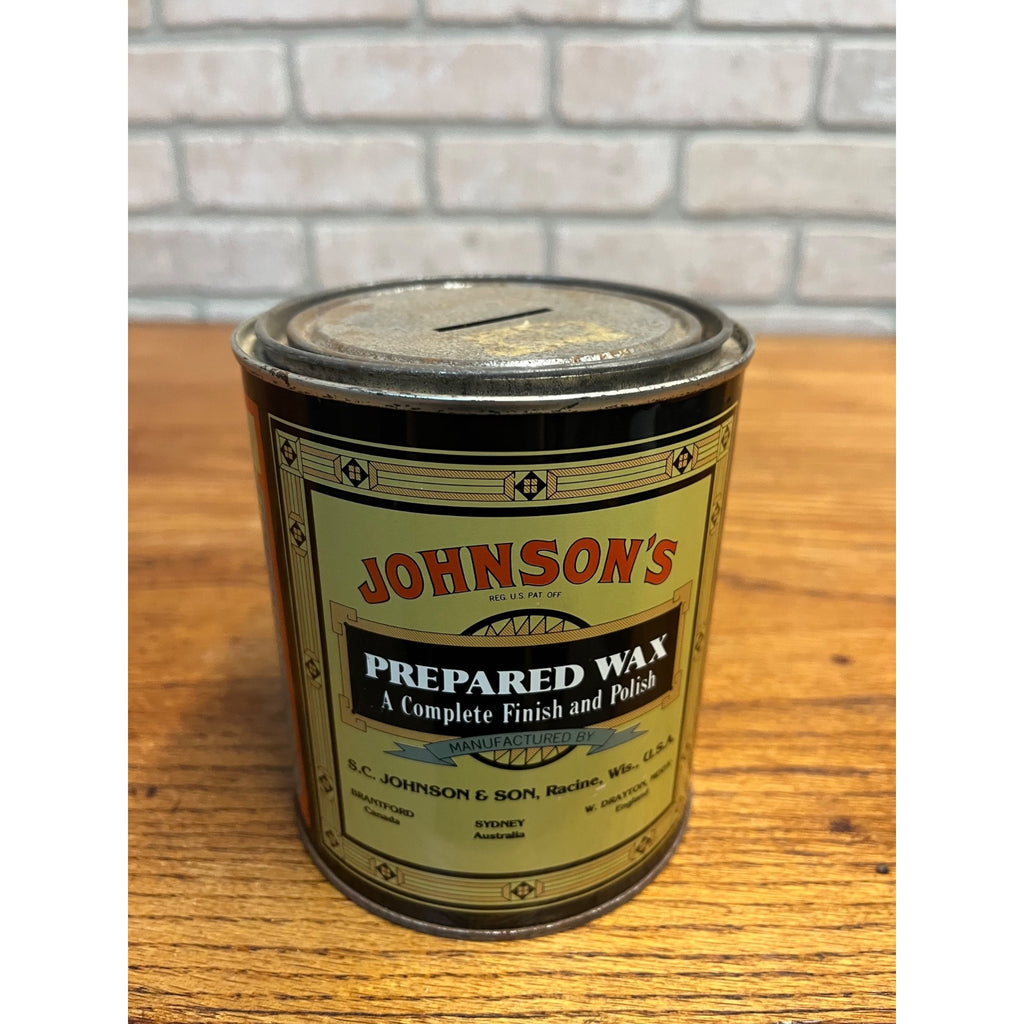 Vintage SC Johnson's Tin Metal Coin Bank Prepared Wax Wood Finish Polish