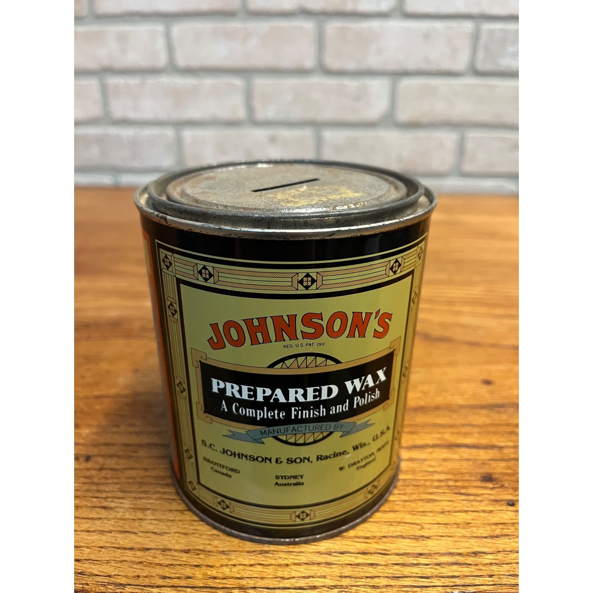 Vintage SC Johnson's Tin Metal Coin Bank Prepared Wax Wood Finish Polish