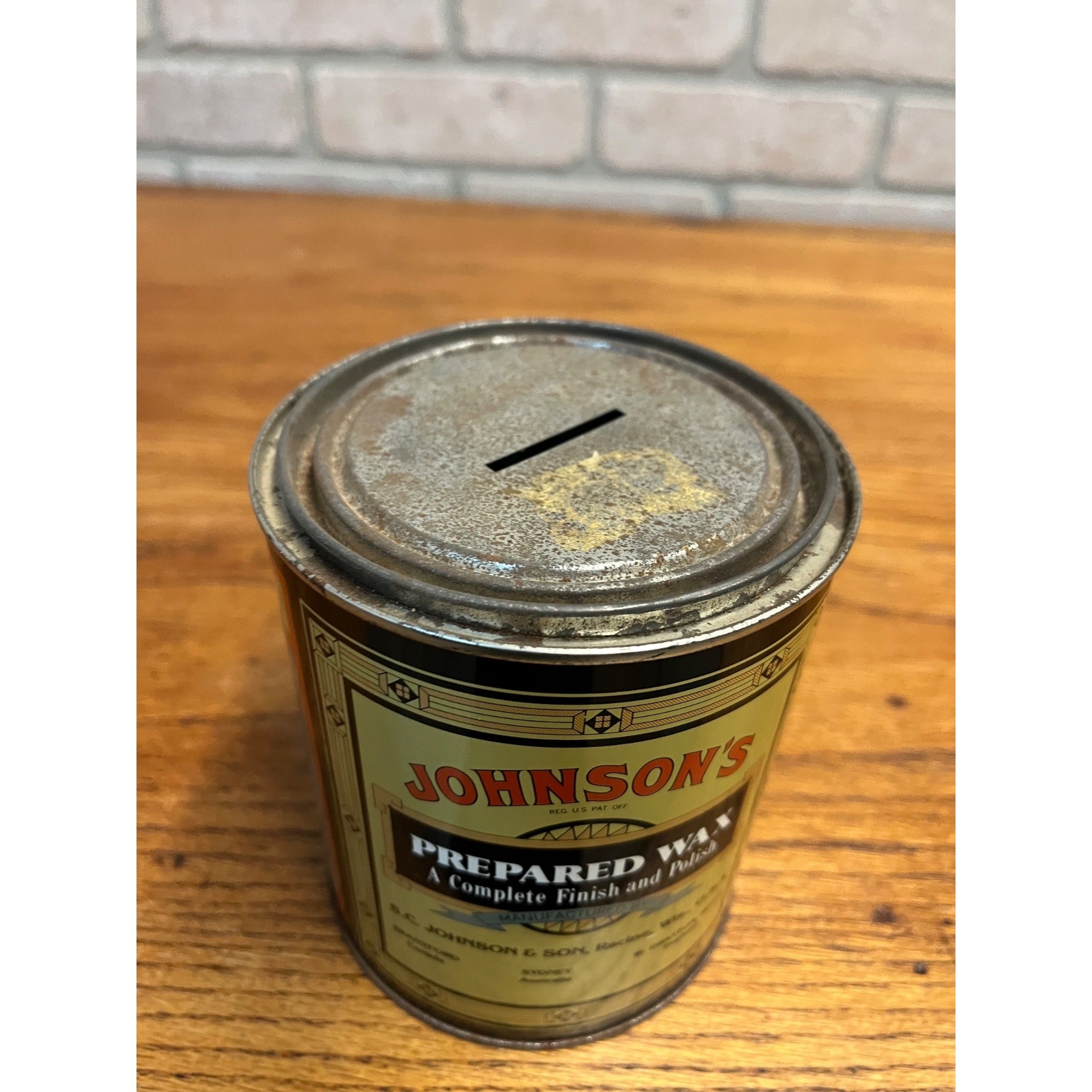 Vintage SC Johnson's Tin Metal Coin Bank Prepared Wax Wood Finish Polish