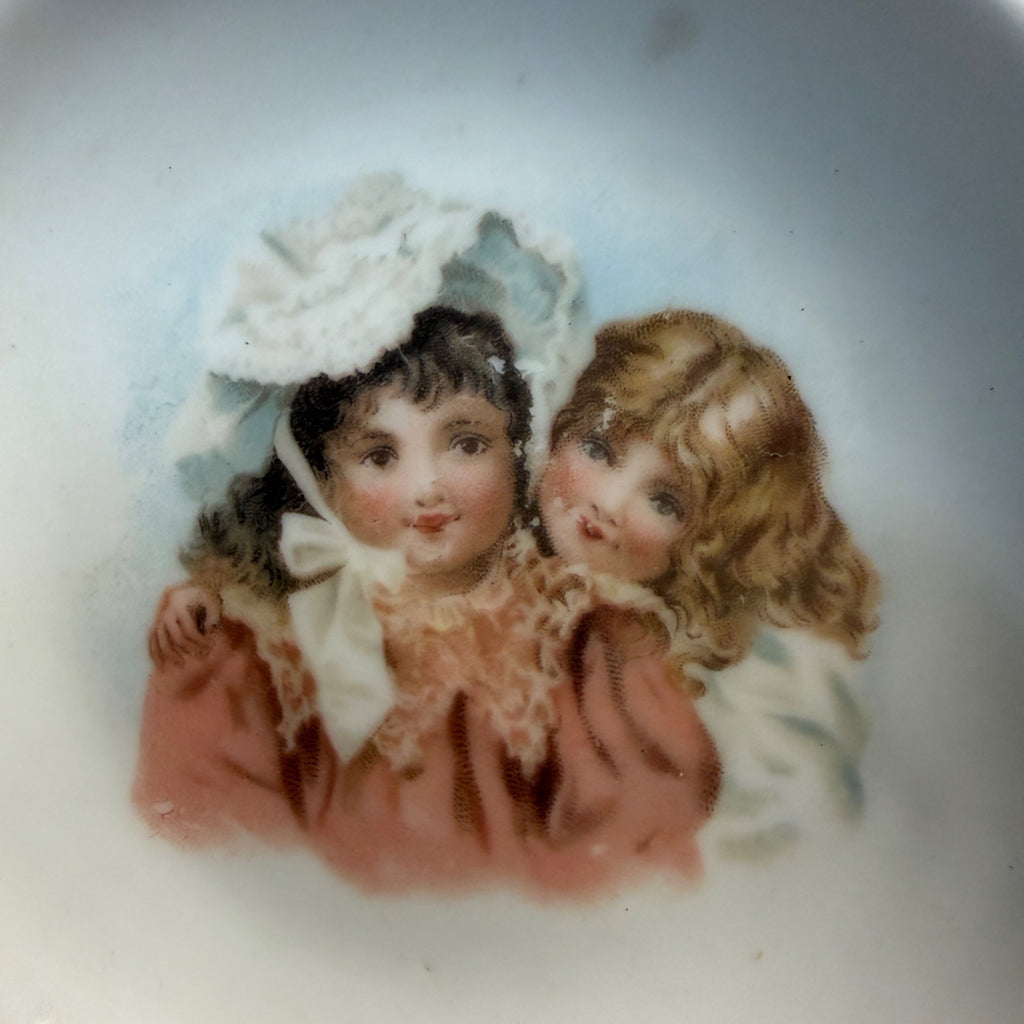 Victorian Era Porcelain Dish W/ Handpainted Young Girls Decorative Star Pattern Bowl