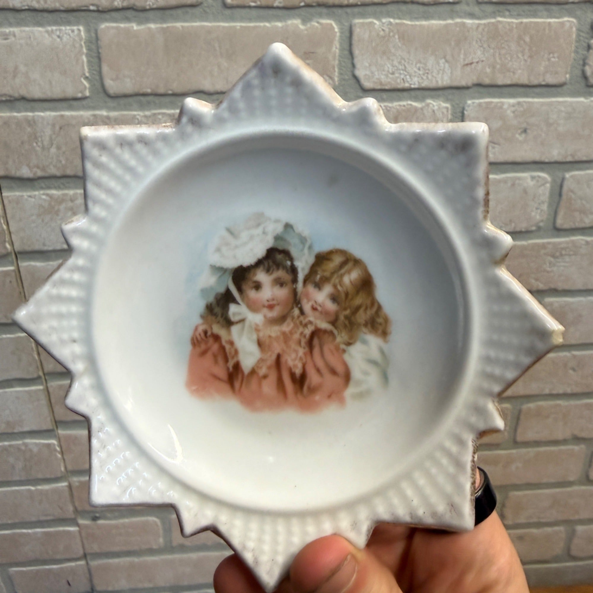 Victorian Era Porcelain Dish W/ Handpainted Young Girls Decorative Star Pattern Bowl