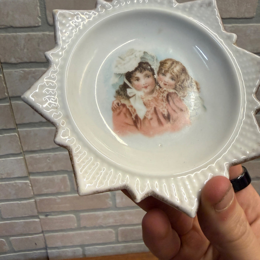 Victorian Era Porcelain Dish W/ Handpainted Young Girls Decorative Star Pattern Bowl