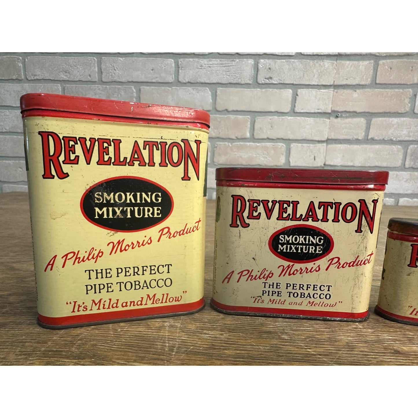 Lot (3) Vintage Philip Morris Revelation Mixture Pipe Tobacco Empty Vertical Tins