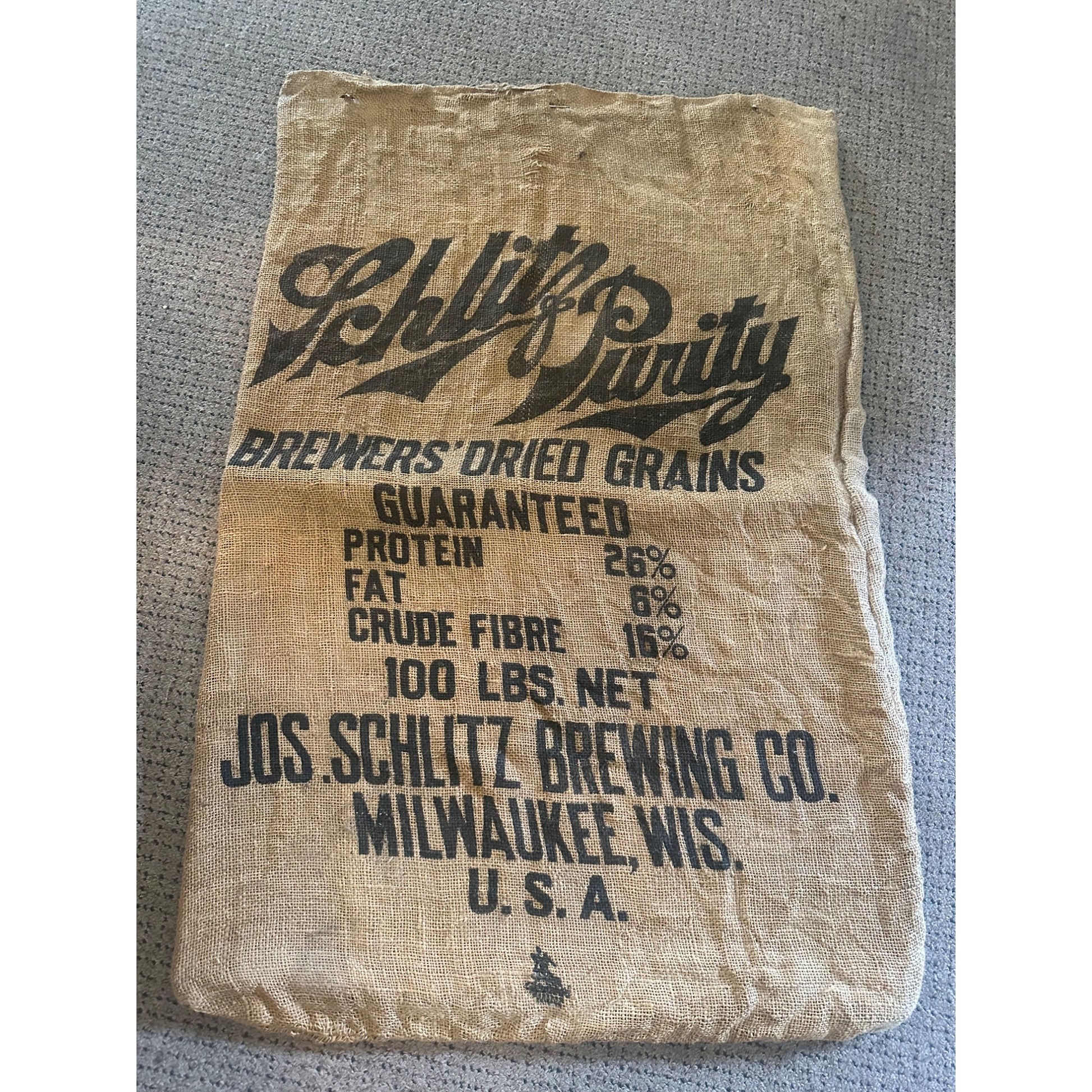 Rare Vintage Schlitz Beer Malt Purity Grains Burlap 100lb Grain Bag Milwaukee