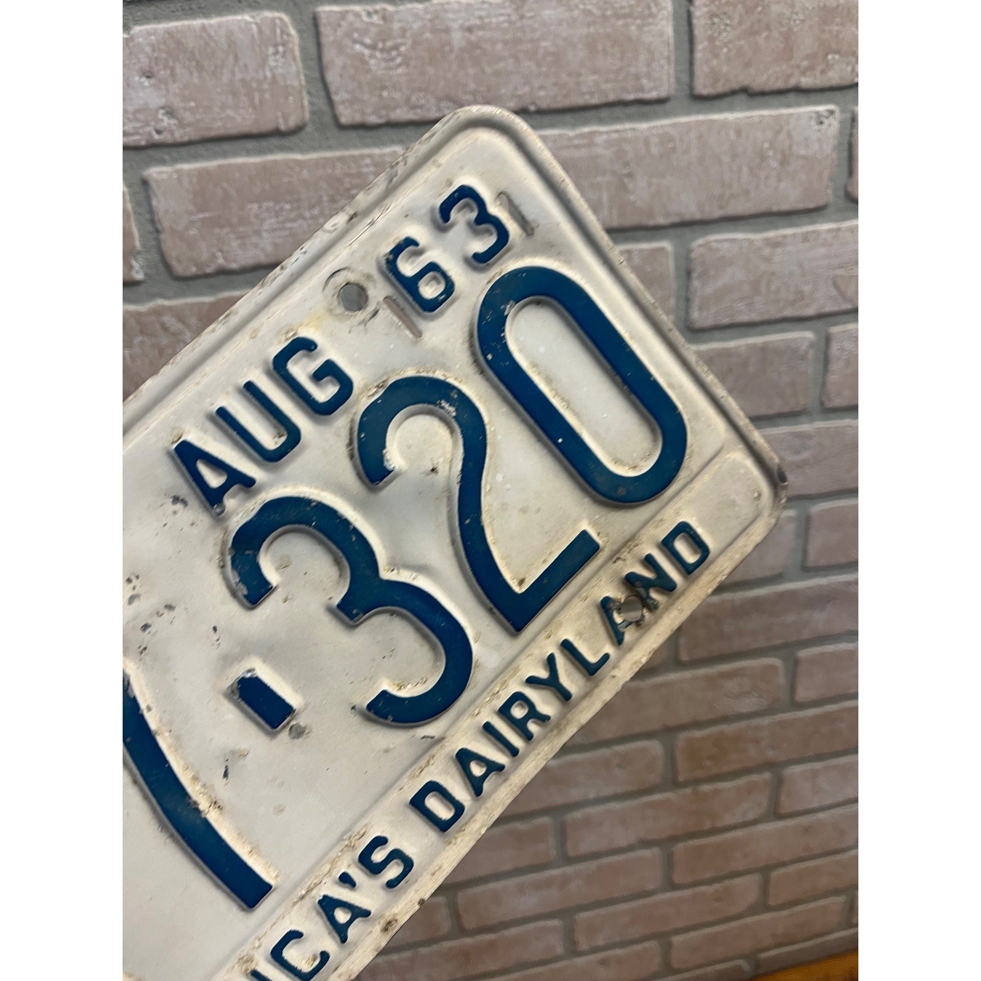 Vintage Wisconsin License Plate, White and Blue, August 1963