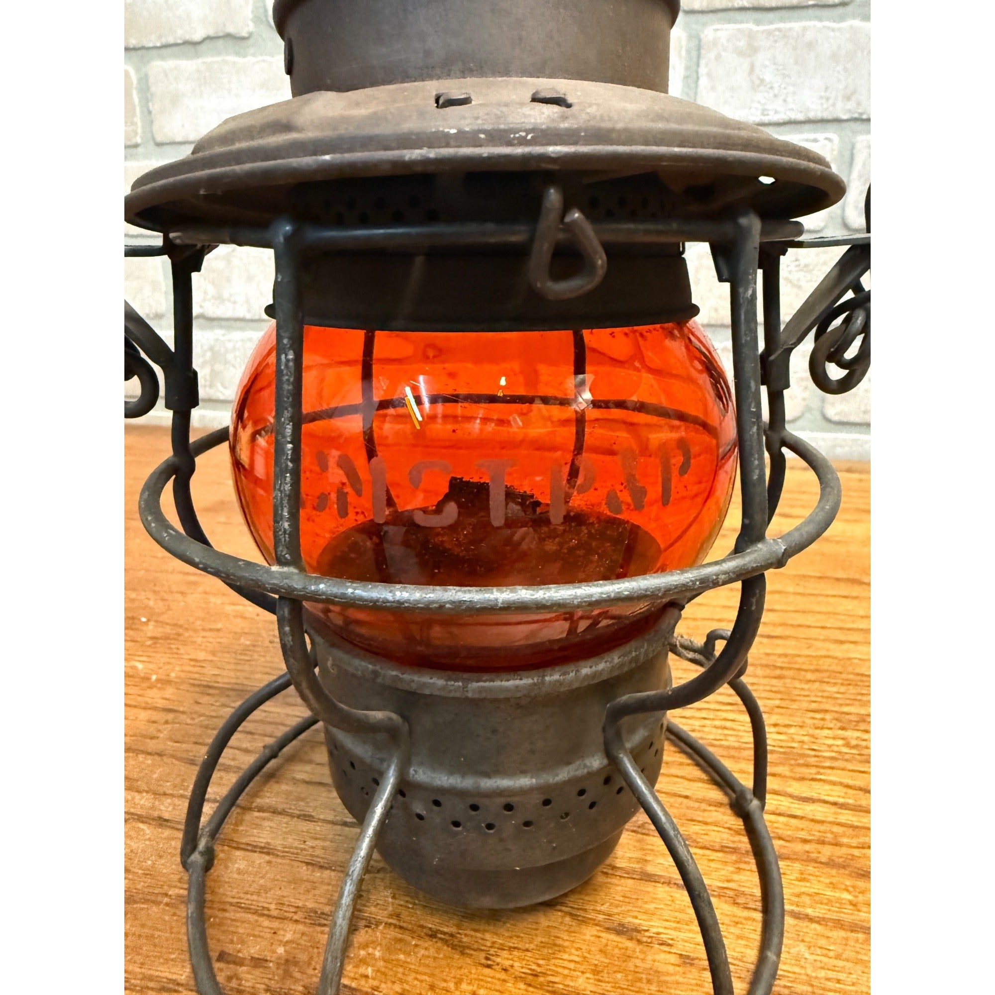 Chicago Milwaukee St Paul Railroad Adlake Kerosene Lantern Etched Orange Globe