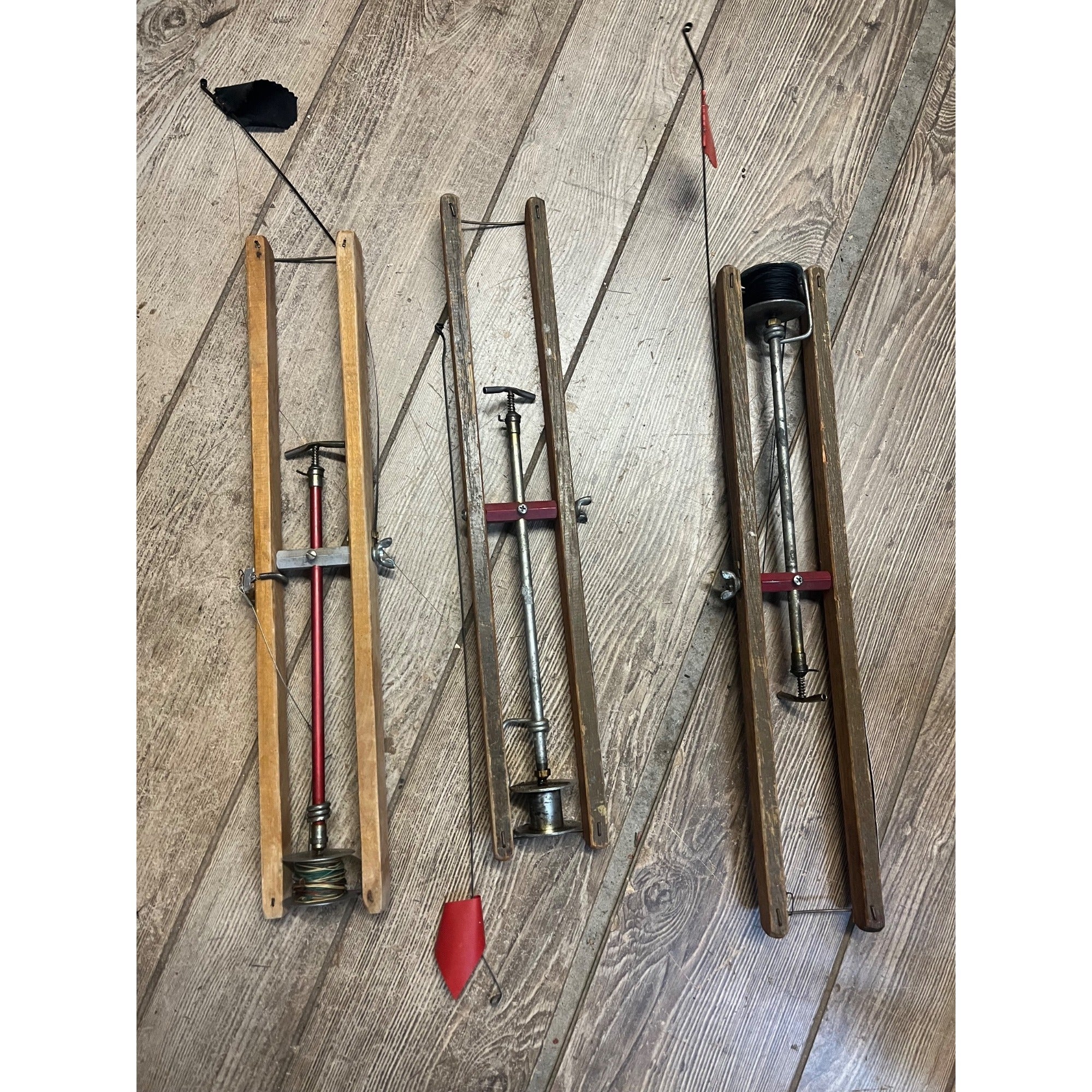 Three Vintage Wooden Ice Fishing Tip Ups Hugh Morgan