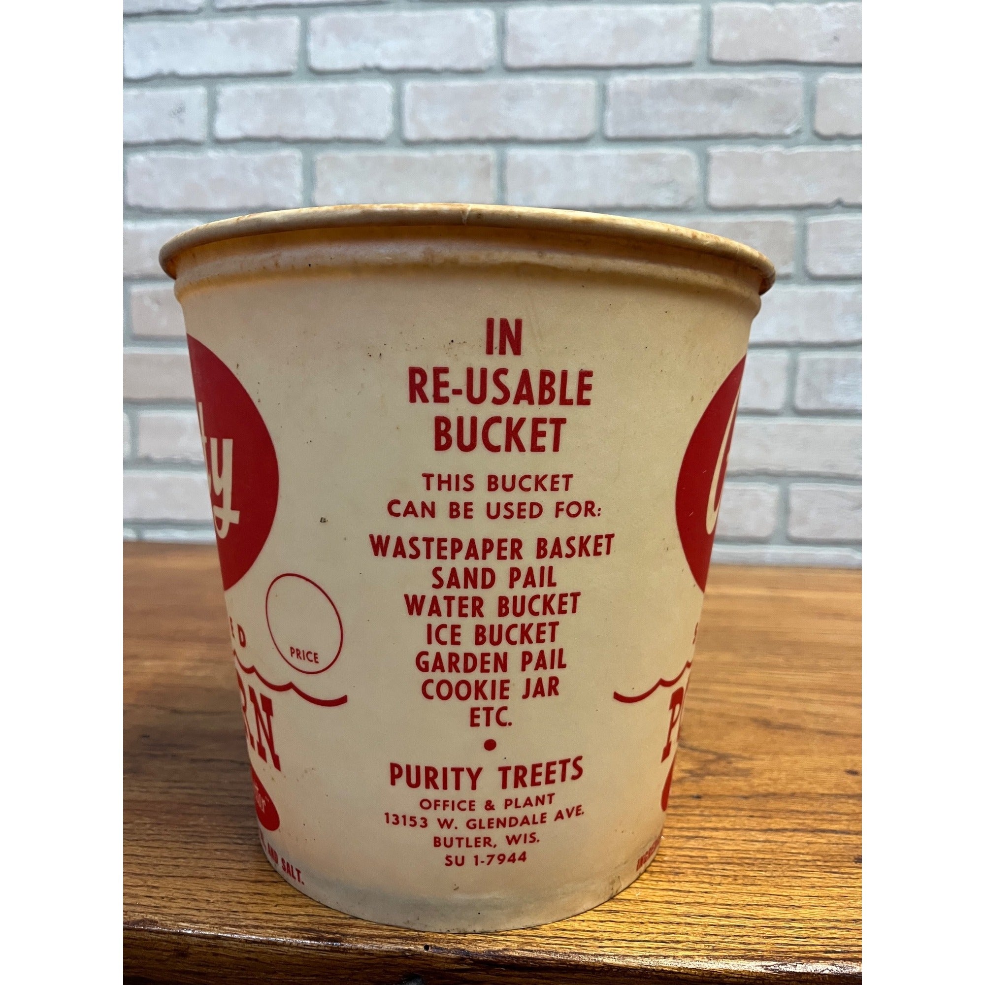 Vintage 1950s Purity Treats Seasoned Popcorn Advertising Paper Tub Butler Wis